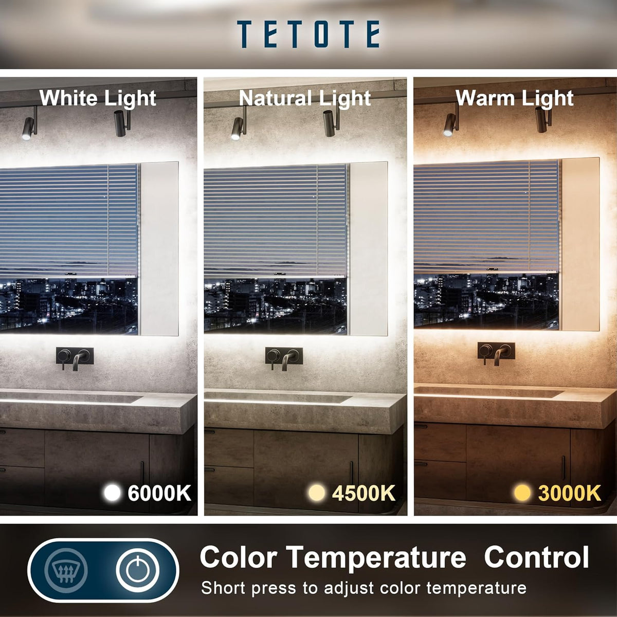 TETOTE 48 x 36 Inch LED Backlit Bathroom Mirror with Lights, 3Color White/Warm/Natural, Anti-Fog