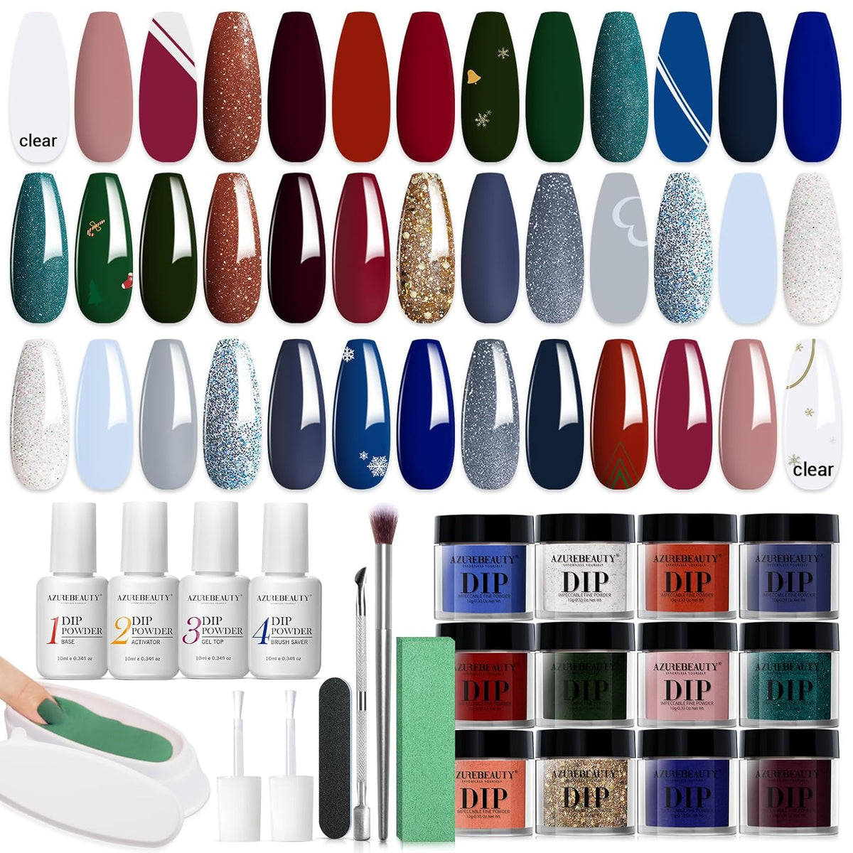 AZUREBEAUTY 31Pcs Dip Powder Nail Kit Red Green Glitter White 20 Colors Acrylic Dipping Powder