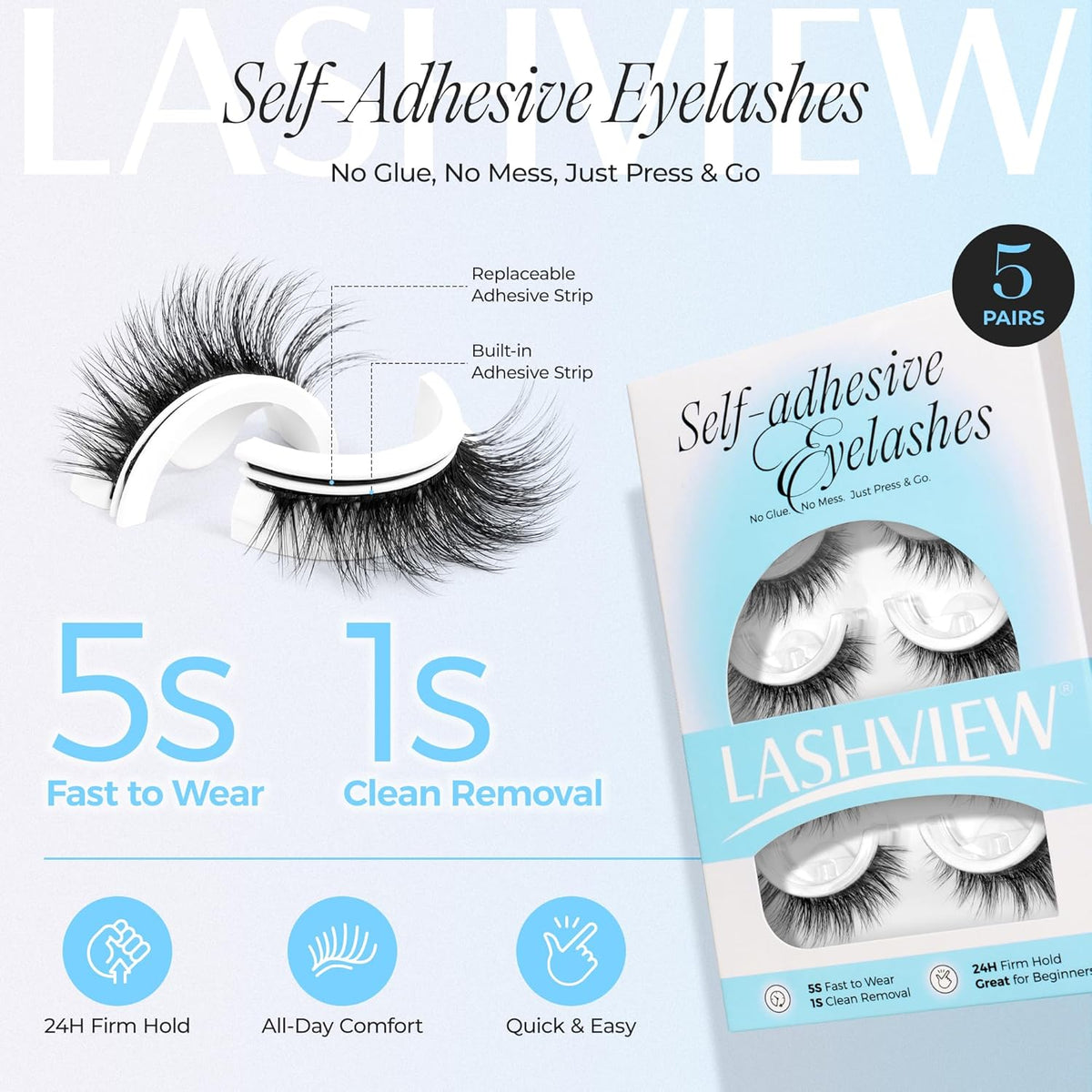 LASHVIEW Self Adhesive Eyelashes 5 Pairs Cat Eye Wispy Self-adhesive False Lashes Reusable Natural