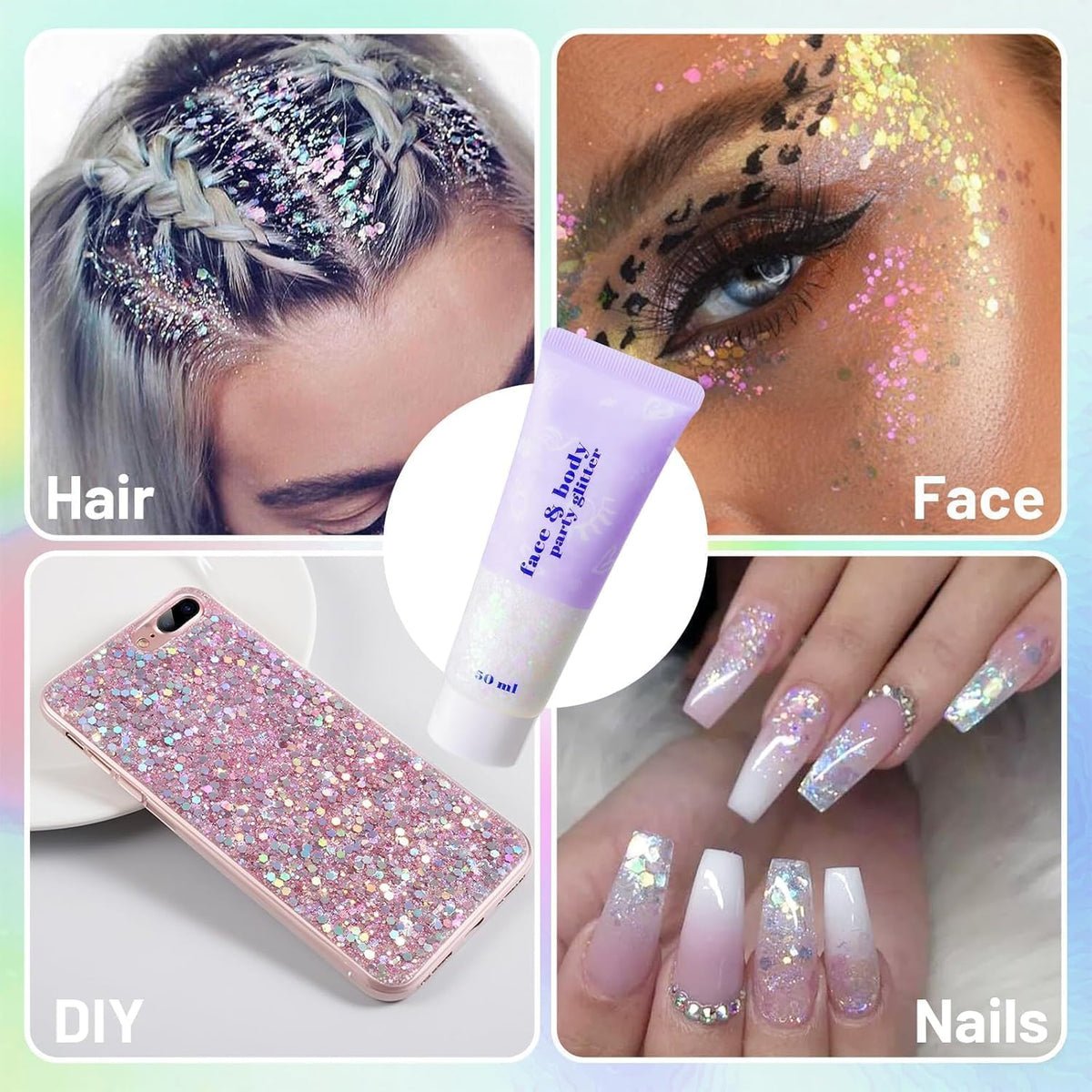 DAGEDA Iridescent Body Glitter Gel, Holographic Face Glitter Body Gel Rave Party Accessories