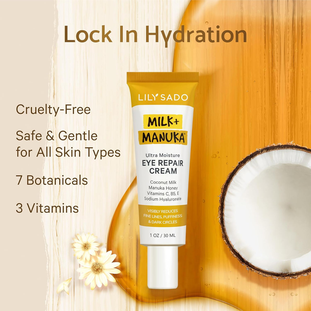 LILY SADO MILK+MANUKA™ Eye Repair Cream - Anti-Aging Natural Gentle Formula w/Coconut Milk, Manuka