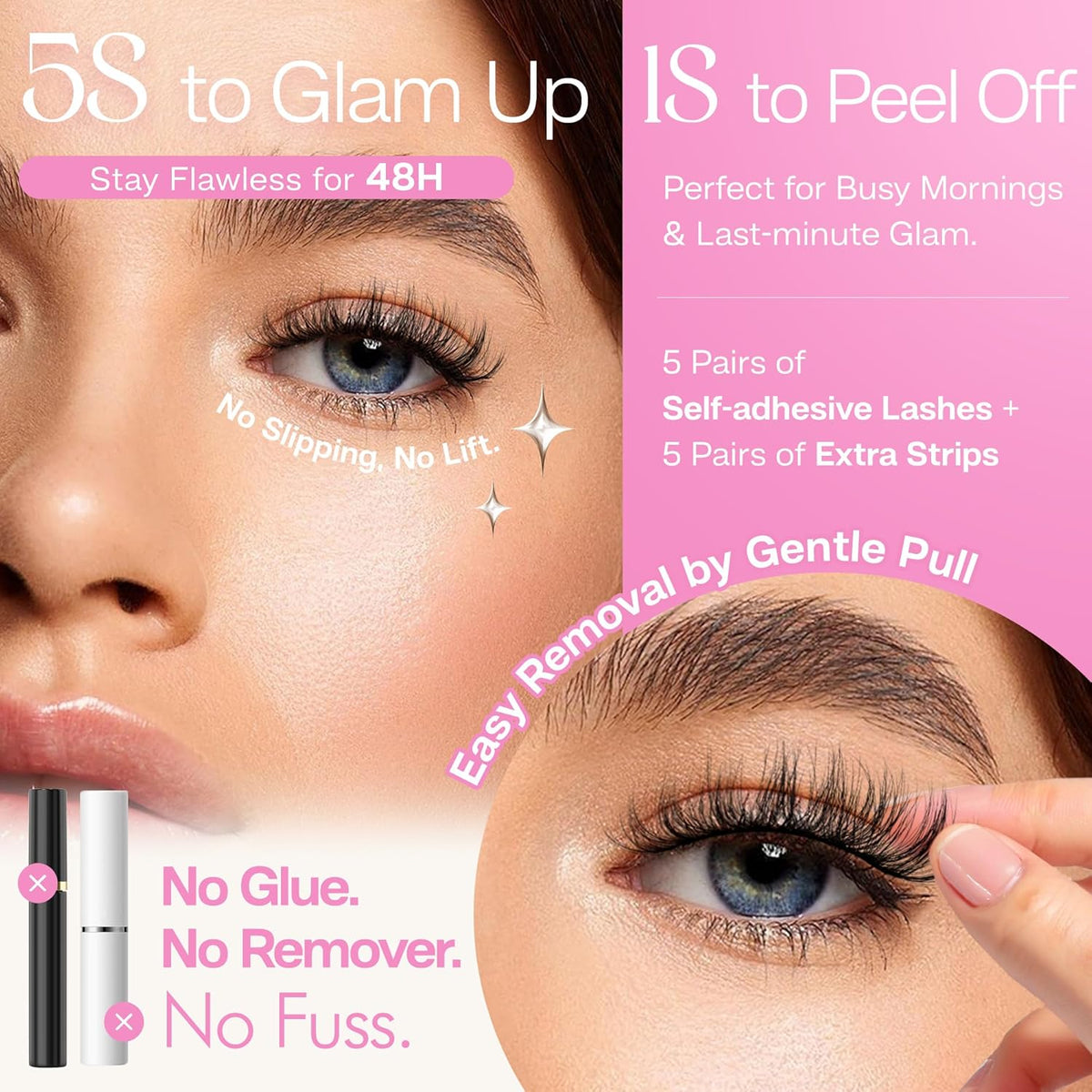 CALAILIS Self Adhesive Eyelashes 5 Pairs Natural Look Press On Lashes No Glue Need Eyelashes