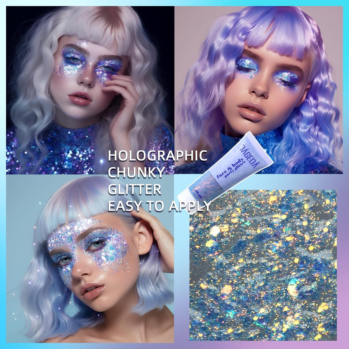 DAGEDA Body Glitter Gel, Face Glitters Body Gel Sequins Shimmer Liquid Eyeshadow, Chunky Glitter