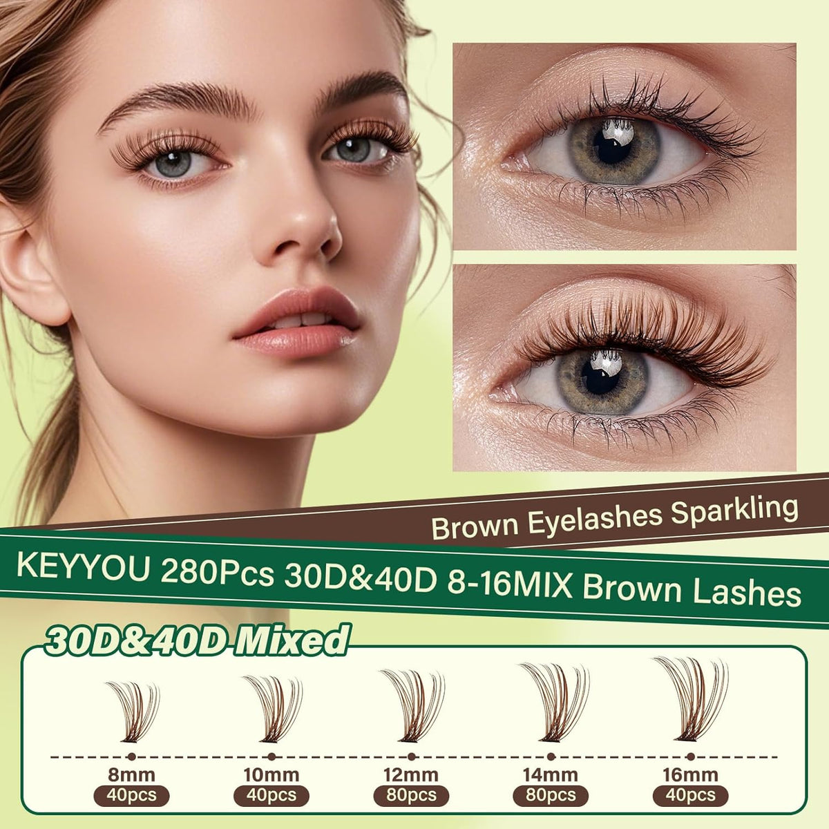 KEYYOU Brown Lash Clusters Natural Lash Extensions Wispy Eyelash Clusters 280Pcs D Curl Eyelash
