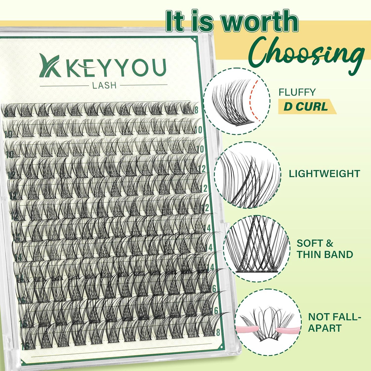 KEYYOULASH Lash Clusters Manga Lash Extension D Curl 144pcs 8-18mm Wispy Eyelash Clusters Natural