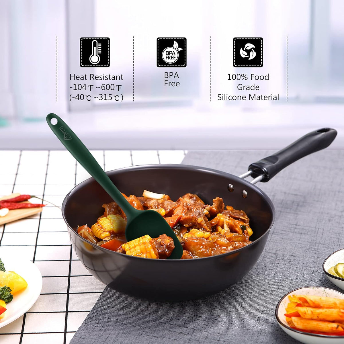 HOTEC 600℉ Heat Resistant BPA-Free Silicone Rubber Spatula Set,Kitchen Cooking Spatulas, Baking