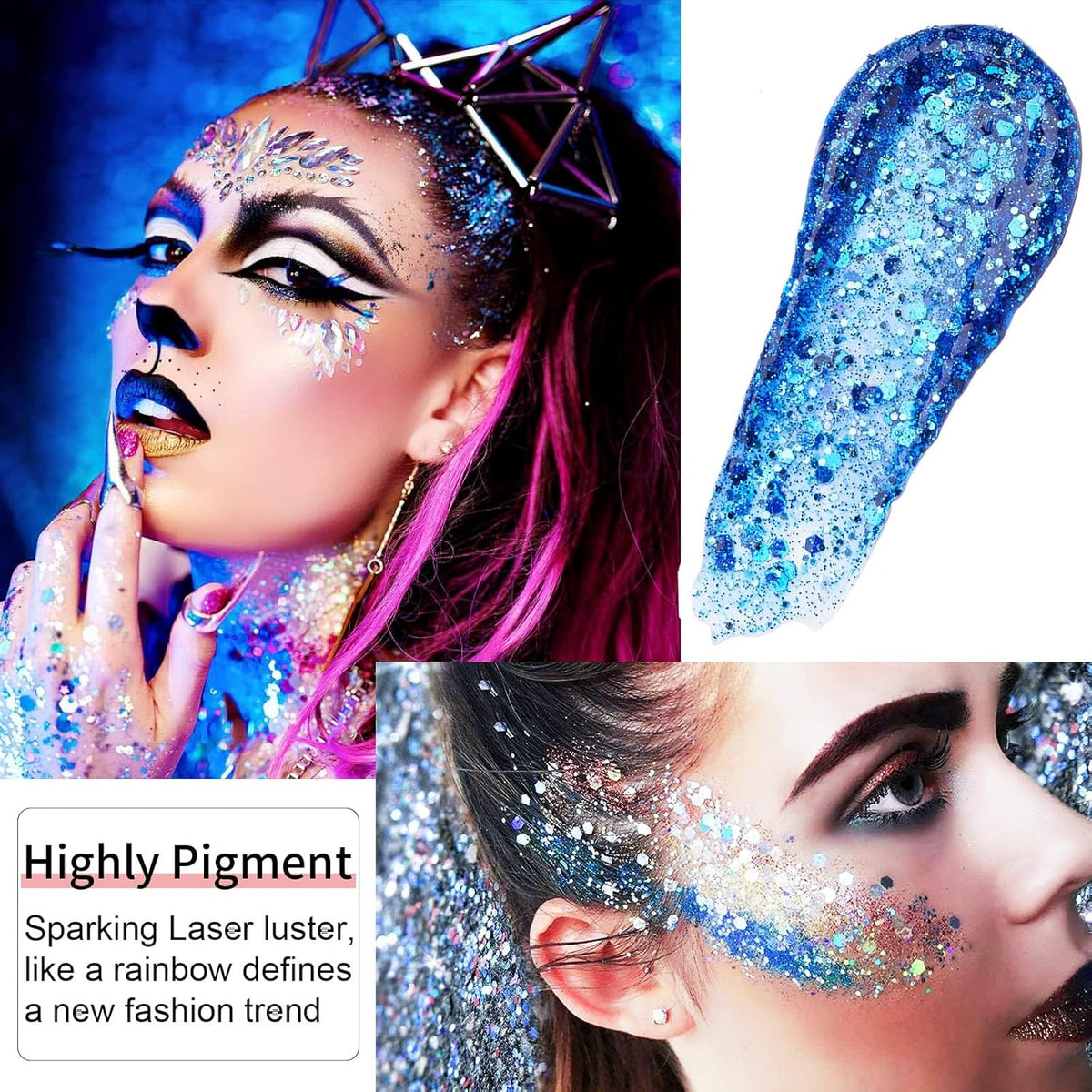 Go Ho White Pink and Blue Body Glitter Set,Singer Concerts Face Glitter Gel Makeup,Holographic Long