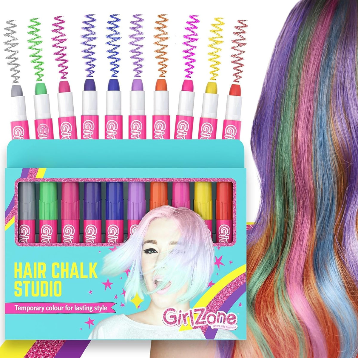GirlZone Hair Chalks Set, 10-Piece Temporary Hair Chalk For Kids, Easy to Apply and Remove