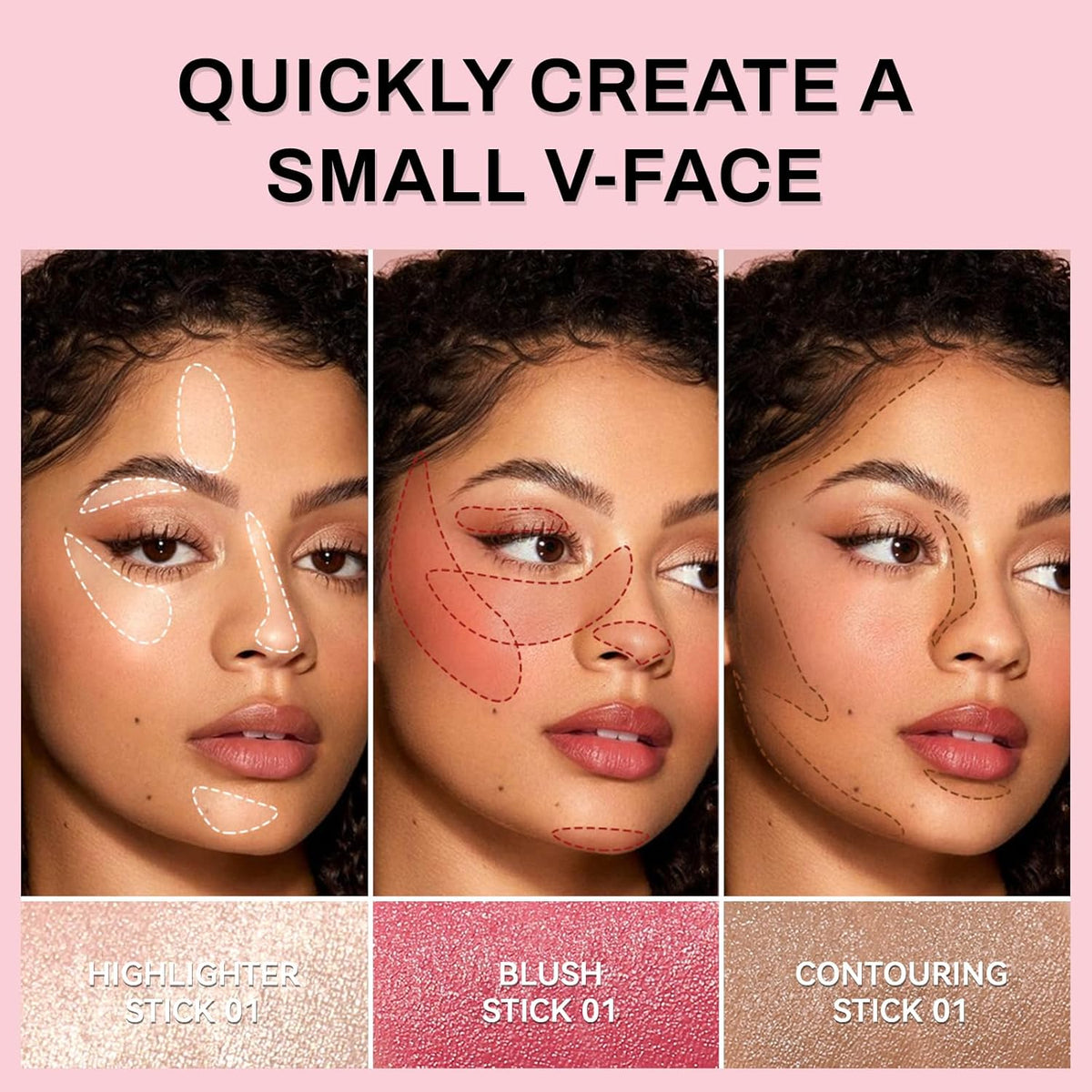 Face Contour Stick Set, Highlighter Stick & Bronzer Stick & Cream Blush Stick for Cheek Lip Tint