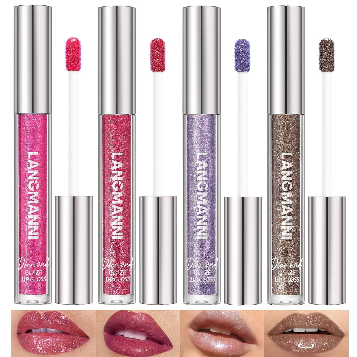 LANGMANNI 4 Colors Diamond Glitter Lip Gloss Set,Long Lasting High Shine Shimmer Liquid Lipstick