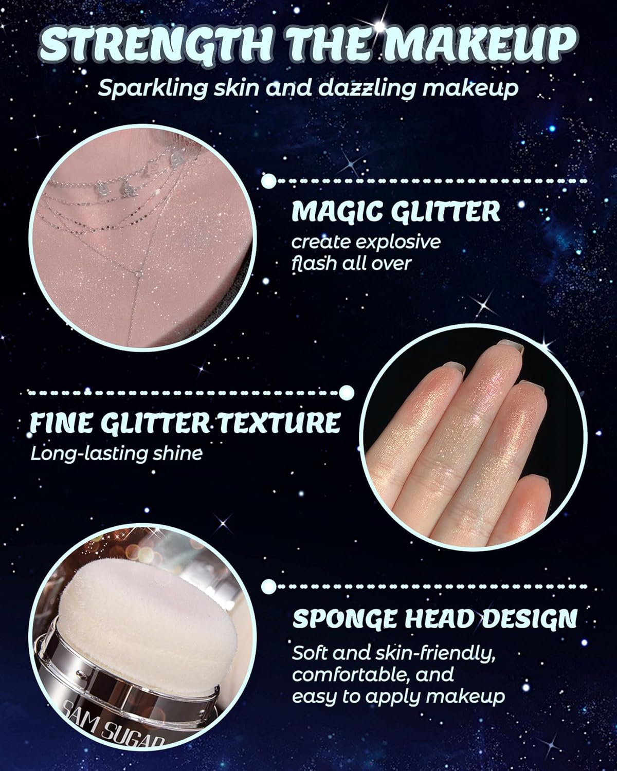 Glitter Air Cushion Highlighter Powder - 3D Contour & Brighten Face, Eyes, Body, Hair | Pearlescent