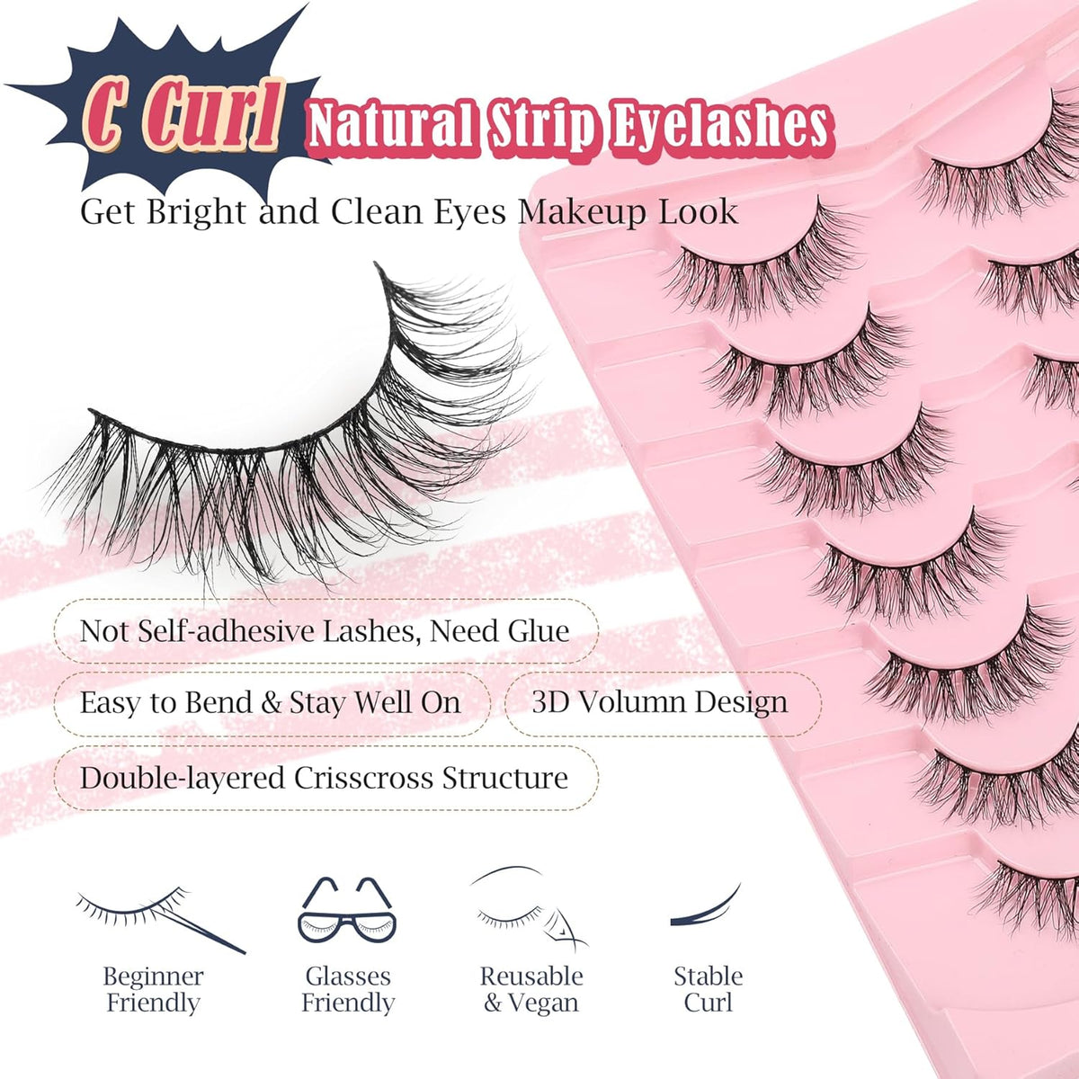 Lashes Natural Wispy Eyelashes 15mm Strip Lashes Pack False Eyelashes 0.1MM Thin Band C Curl Eye