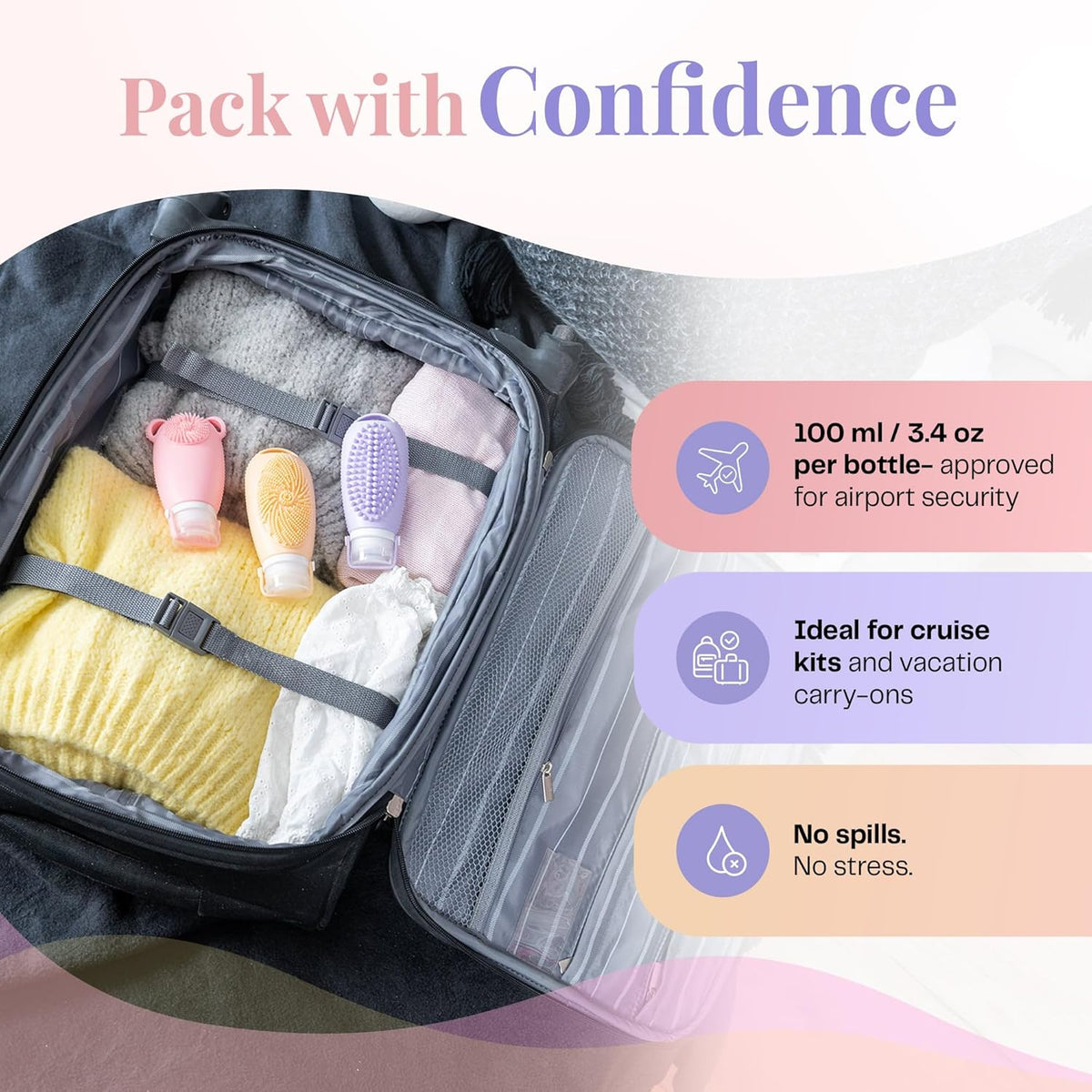 Sumina Silicone Travel Bottles 3 Pack (3.4oz) – TSA-Approved Leak-Proof Toiletry Containers with
