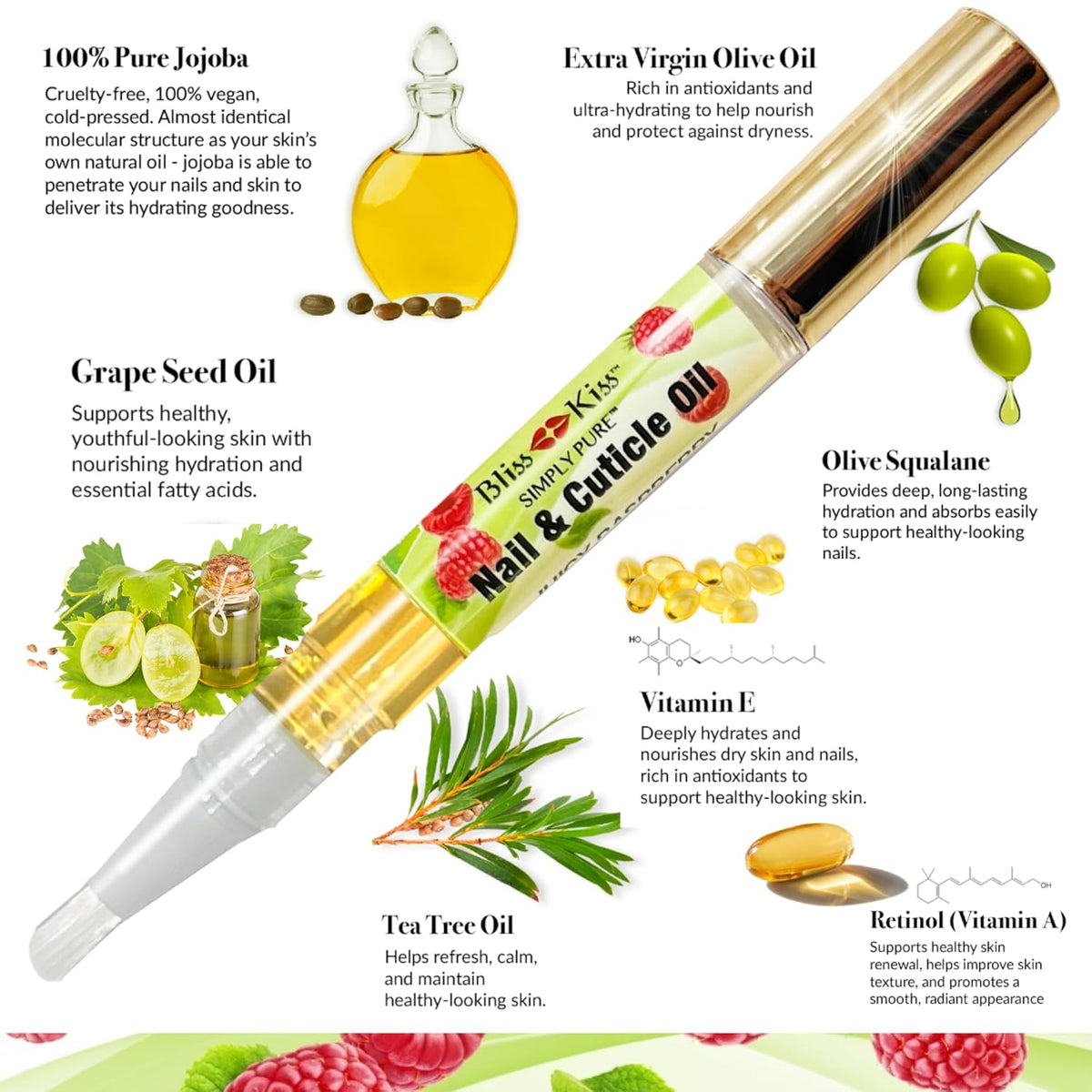 Bliss Kiss | 4 Juicy Raspberry | Oil Cuticle Pen w/Vitamin E & Jojoba⏤Nail Strengthener Nail Growth