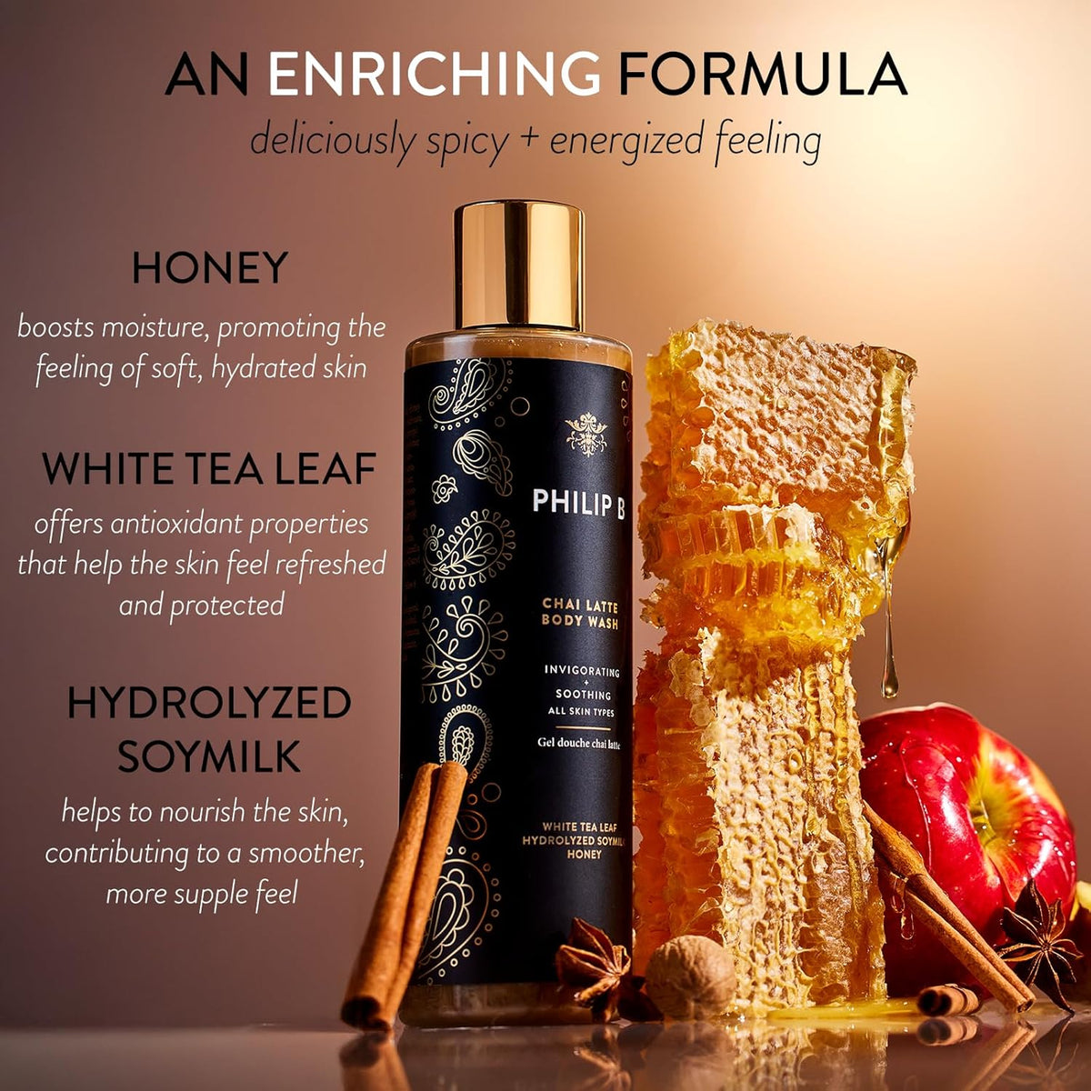 PHILIP B Chai Latte Body Wash 11.5 Fl Oz (340mL) - Invigorating + Soothing, Formulated with White