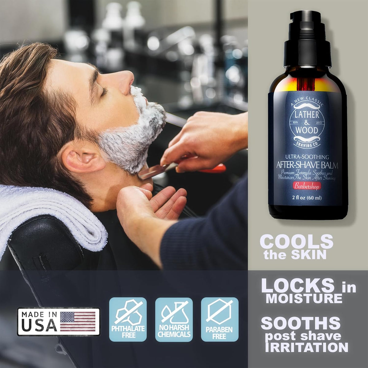 Lather & Wood - Barbershop Aftershave for Men - Long-Lasting Fragrance, Non-Greasy Formula, Easy