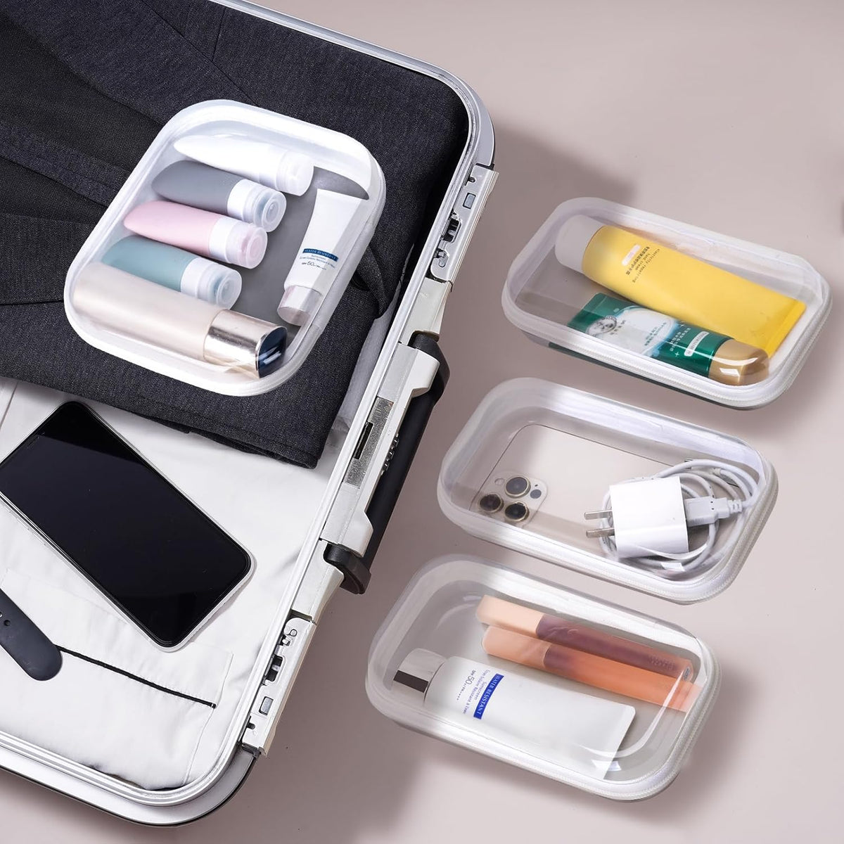 4 pcs Clear Zipper Pouches,Hard Shell Zipper Case, Toiletry Bag for Travel, CLear Diaper Bag