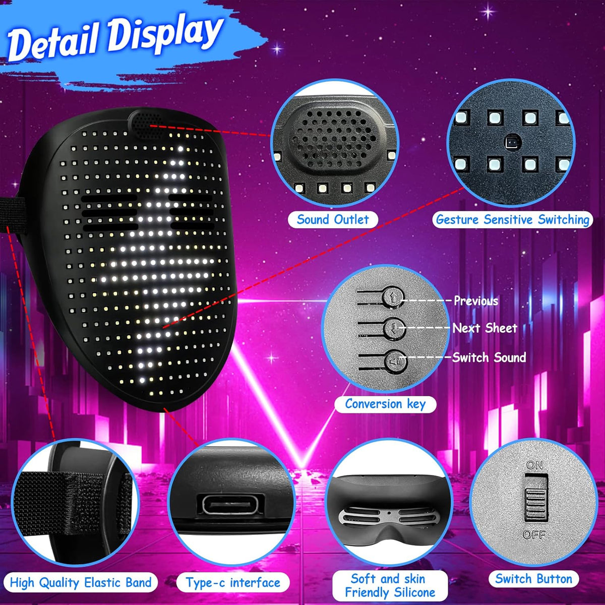 Led Mask with Gesture Sensing,Light up mask for Kids/Men/Women LED Halloween Mask for Costume