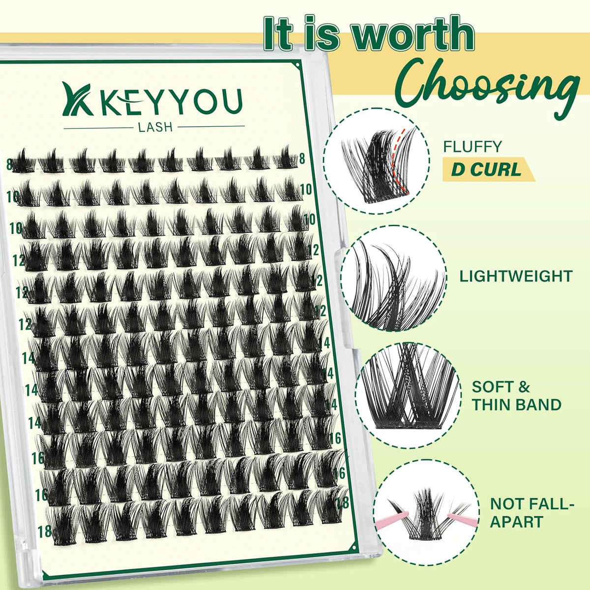 KEYYOULASH Lash Clusters Manga Lash Extension D Curl 120pcs 8-18mm Wispy Eyelash Clusters Natural