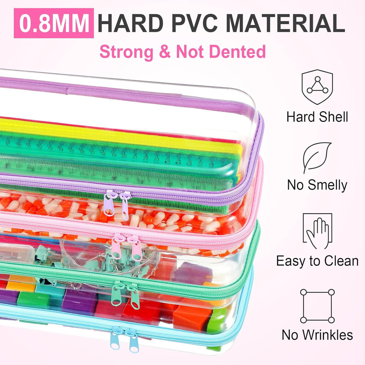 Hoolerry 4 Pcs Hard Clear Zipper Case Makeup Bags Plastic Pencil Pouch Transparent Storage Box
