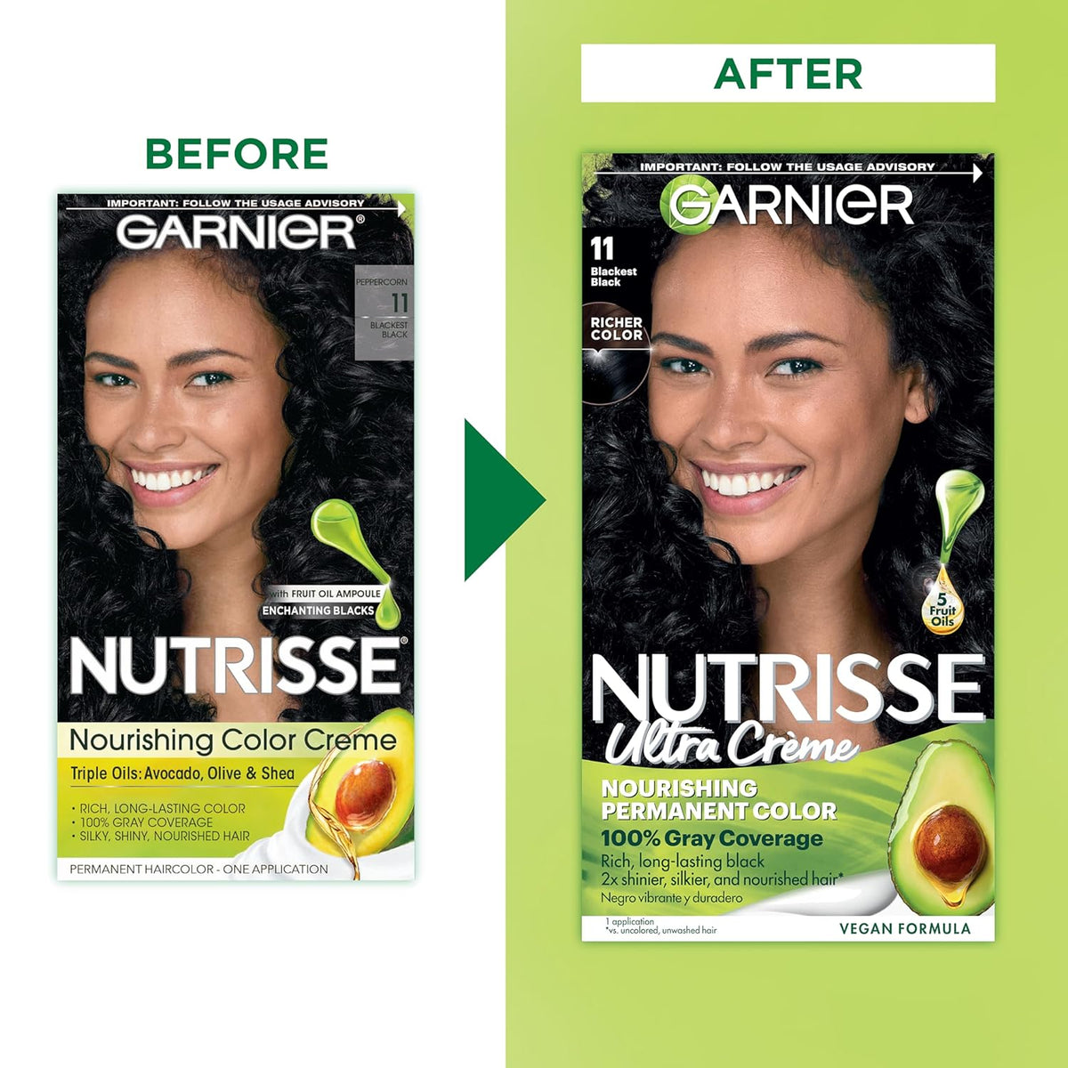 Garnier Hair Color Nutrisse Nourishing Creme, 11 Blackest Black (Peppercorn) Permanent Hair Dye, 2