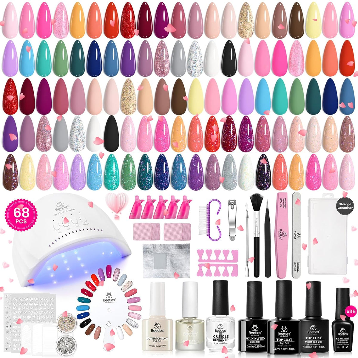 Beetles Gel Nail Polish Kit with U V Light - 68 Pcs Set 35 Colors Pink Glitter Nude Gray Gel Polish