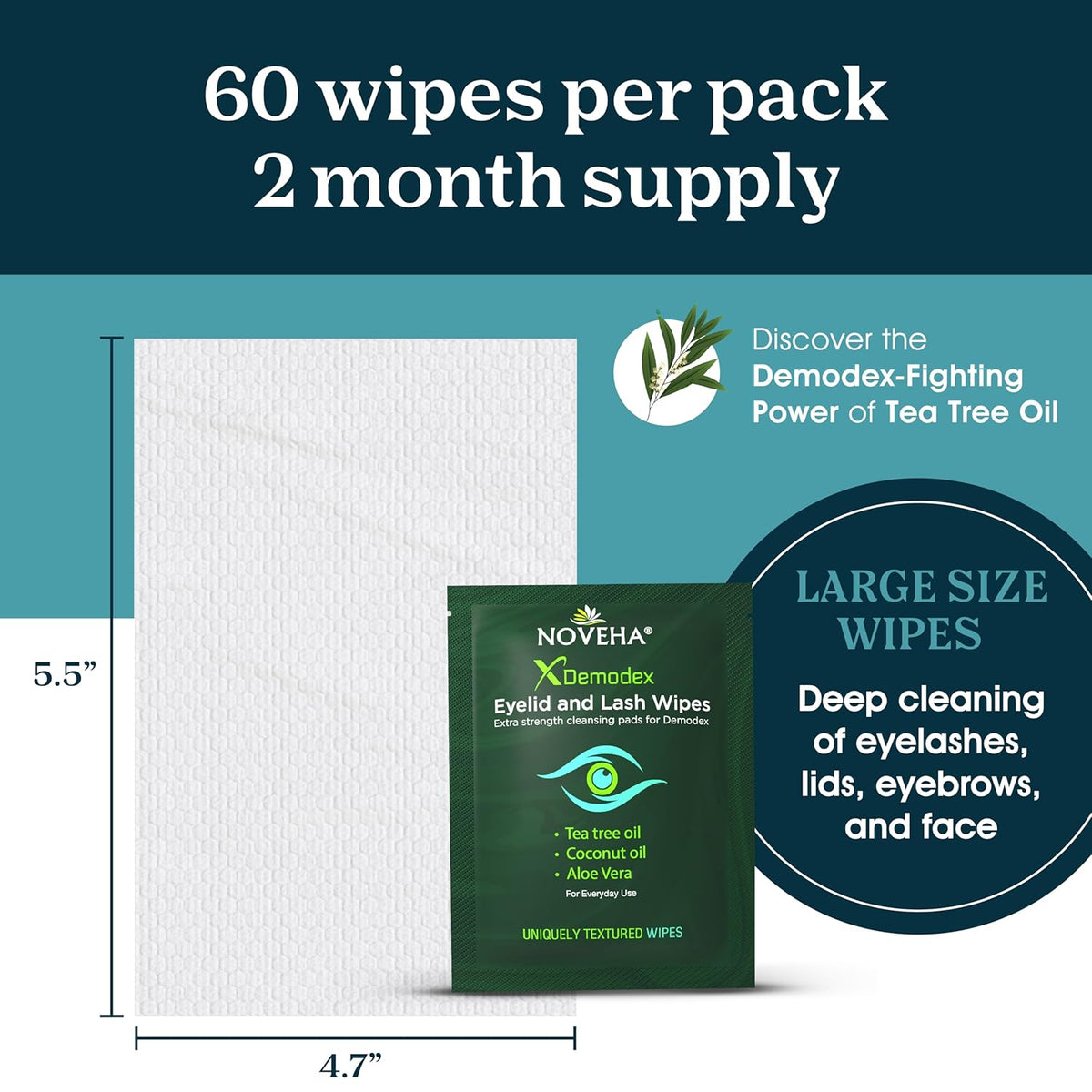 NOVEHA Demodex Eyelid & Lash Wipes | Box Of 60 Individually Wrapped Extra Strength Cleansing