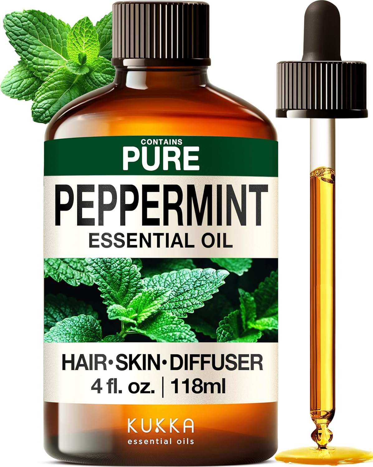 Kukka Essential Oils Peppermint Oil for Skin, Hair, Diffuser - 4 Fl Oz / 118 ml, DIY Soap Making