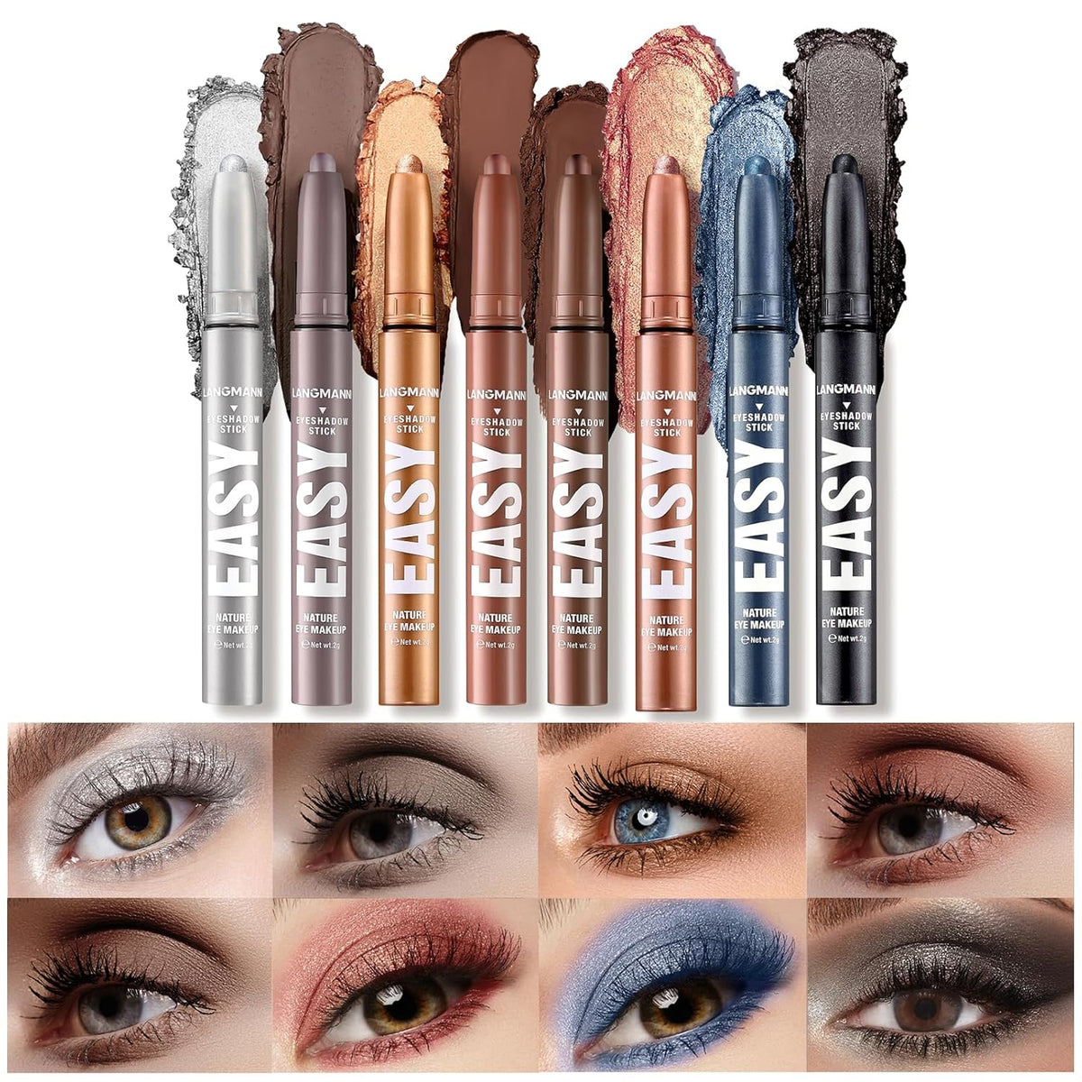 LANGMANNI Eyeshadow Stick,8 PCS Waterproof Multi-Color Eyeshadow Pen Set,Creamy Long-Lasting Eye