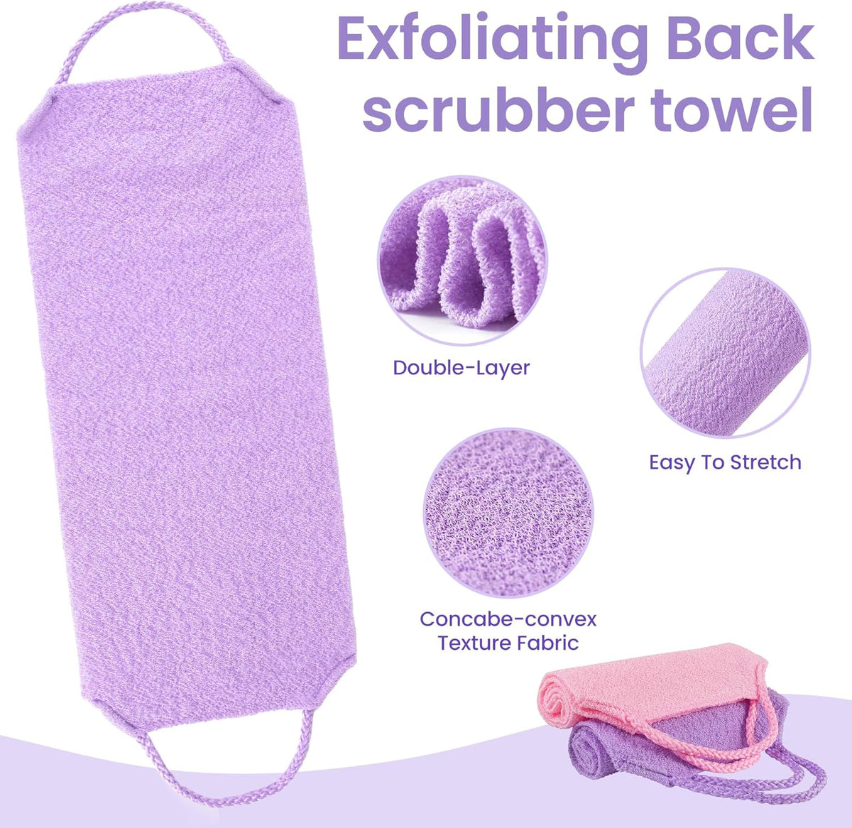 3 Pcs Double-Sided Back Exfoliator Body Scrub Towel, Exfoliating Back Scrubber with
