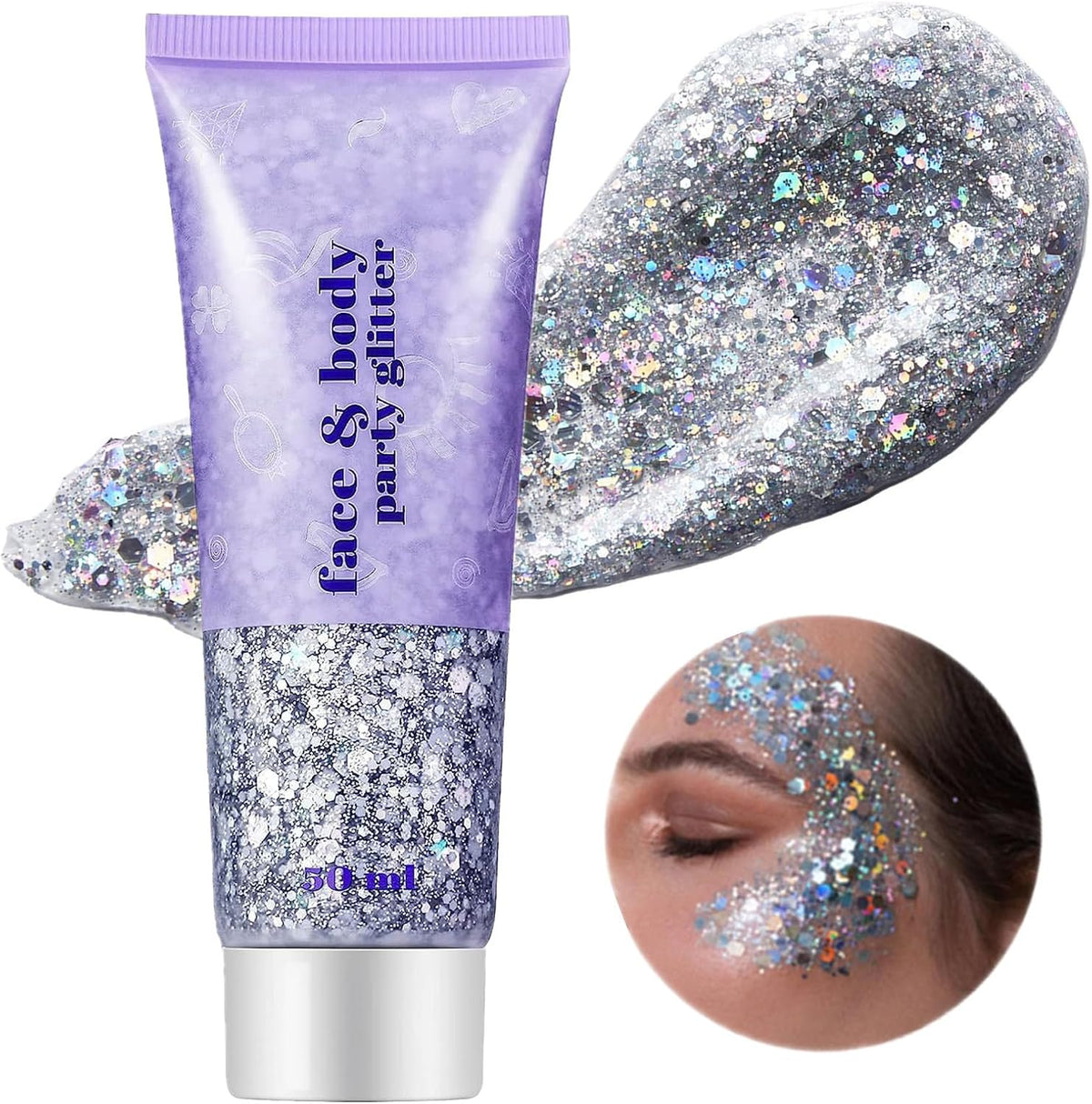 Go Ho Silver Face Body Glitter Gel,Singer Concerts Silver Face Paint Makeup,Holographic Chunky