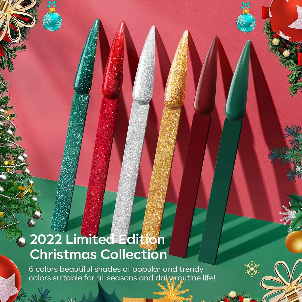 Modelones Christmas Colors Acrylic Powder Kit - 6 Colors Golden Glitter Yellow Green Dark Red