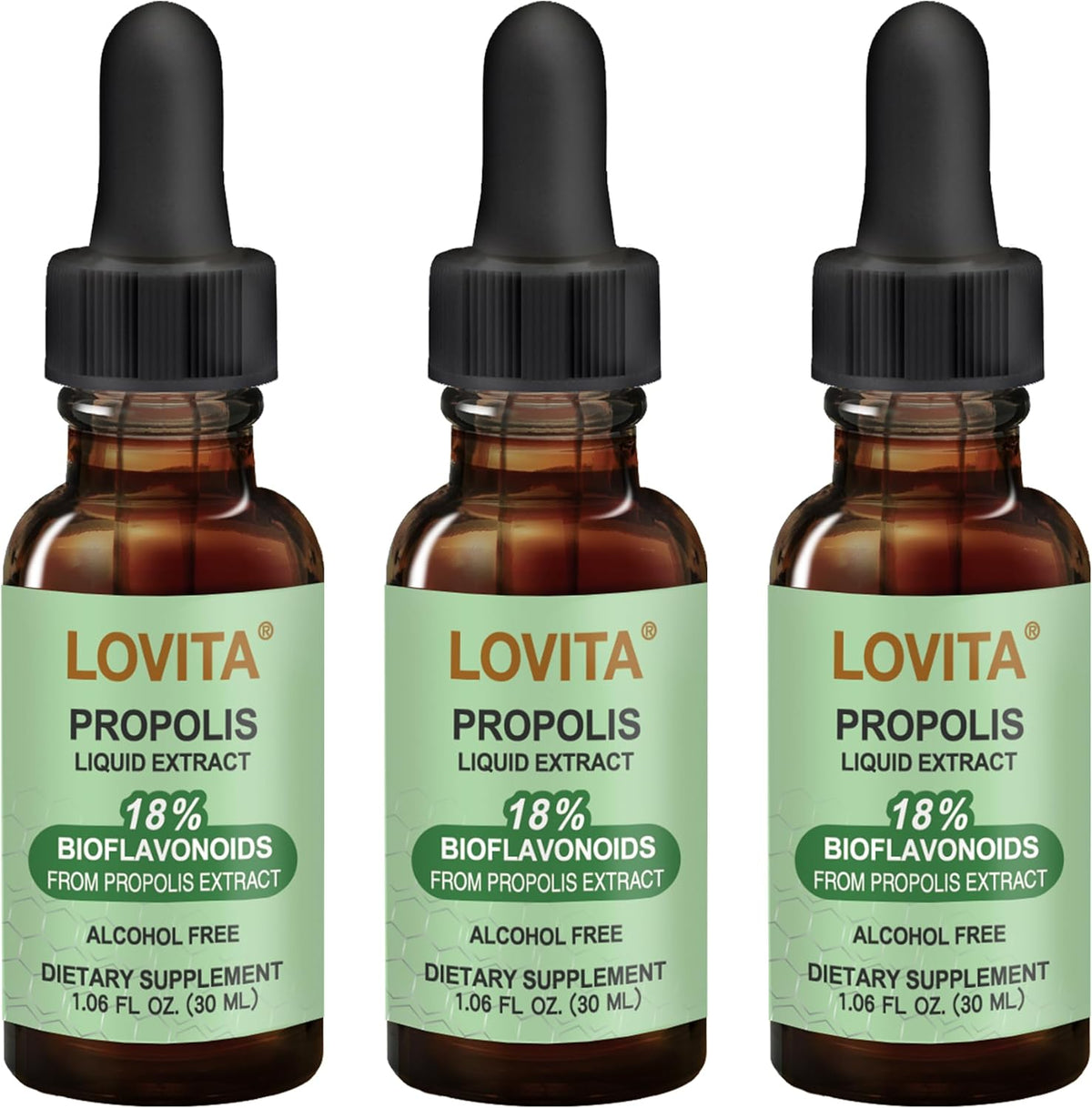 Lovita Bee Propolis Liquid Extract 500mg, 5:1 Resin Drops with 18% Bioflavonoids, Alcohol-Free