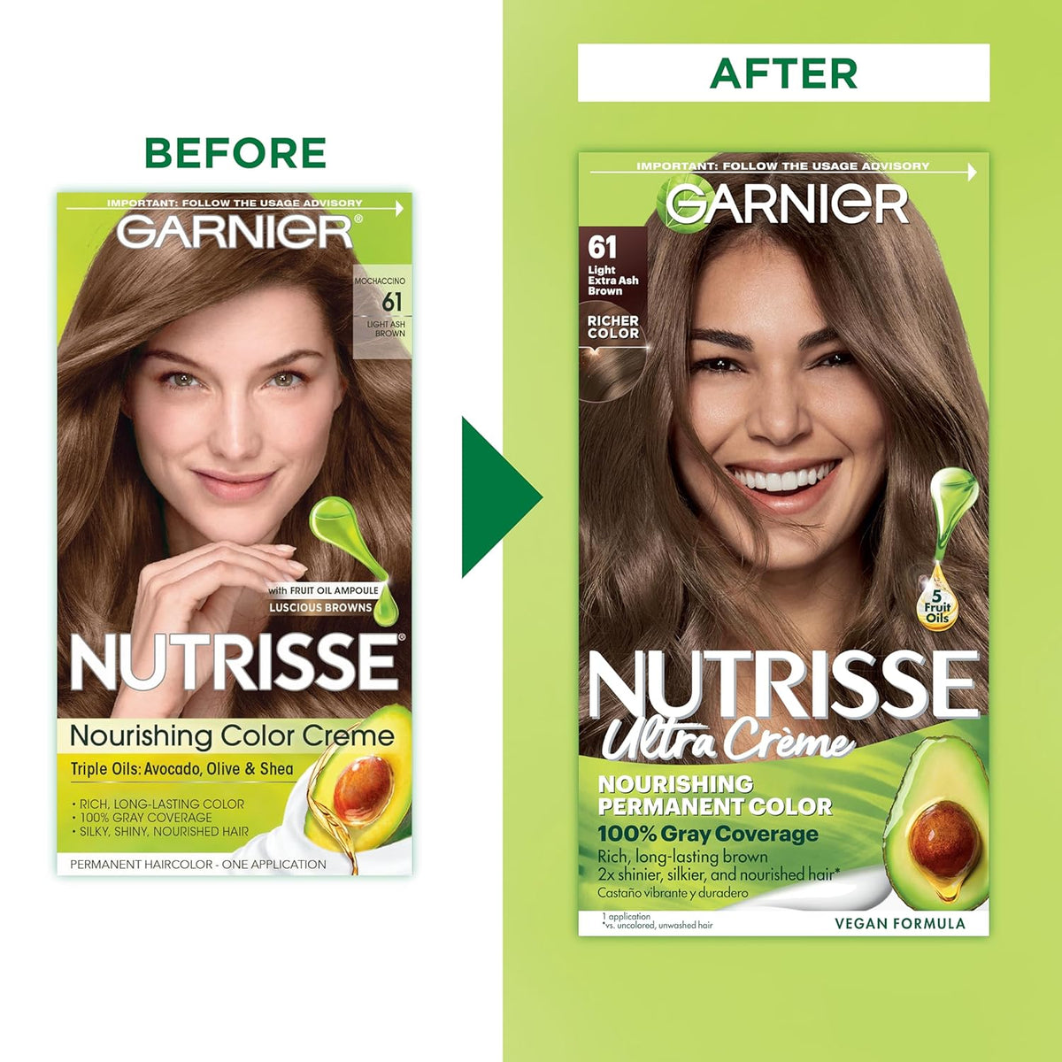 Garnier Hair Color Nutrisse Nourishing Creme, 61 Light Extra Ash Brown (Mochaccino) Permanent Hair