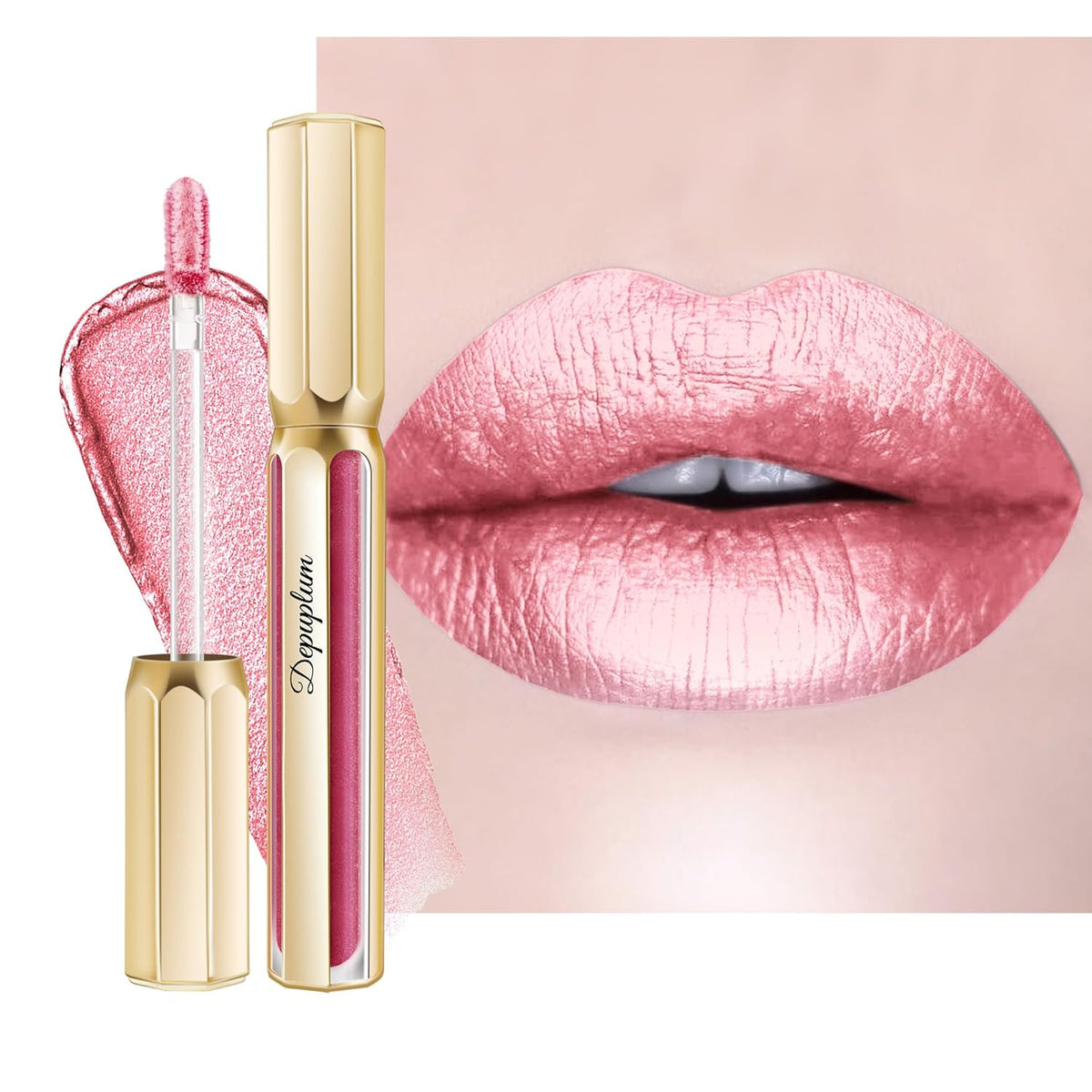 light Pink Lipsticks for Women Metallic Lipstick Long Lasting Non Stick Cup Lip Gloss, Shimmer