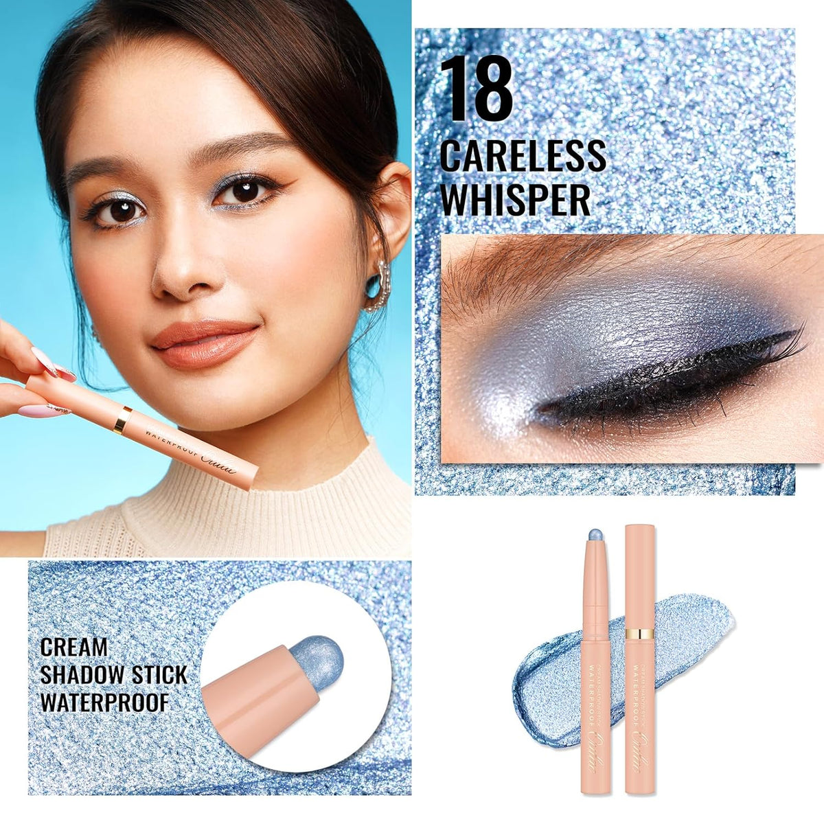 Oulac Waterproof Eye Shadow Stick Smooth and Long Lasting, Shimmering Glitter Finish, Blendable