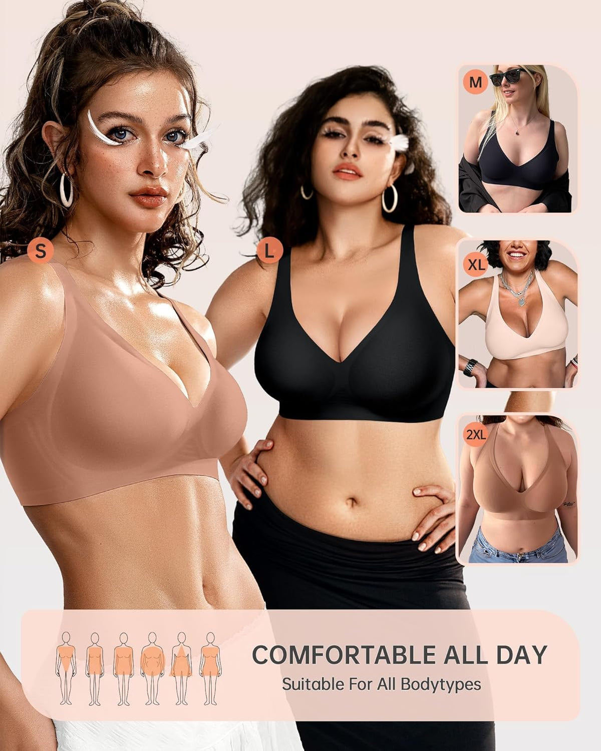 OEAK Womens Deep V Bras Wireless Comfortable Bra Supportive No Underwire Bras Tshirt Push Up