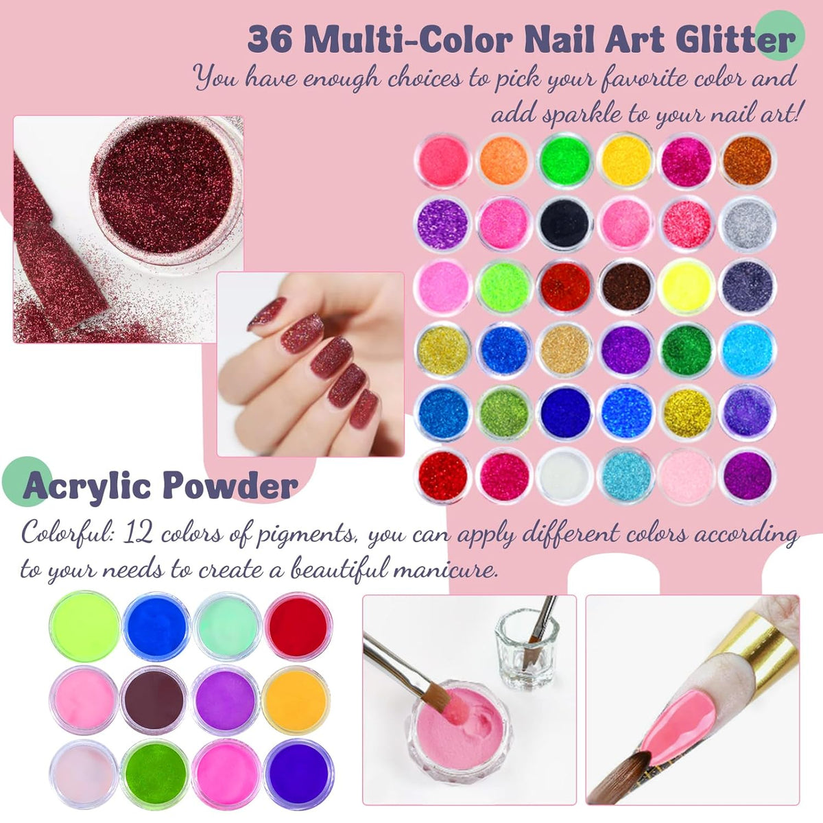 Acrylic Nail Kit, Acrylic Nail Set with Drill and UV Light,Professional Colored Acrylic Nail Powder
