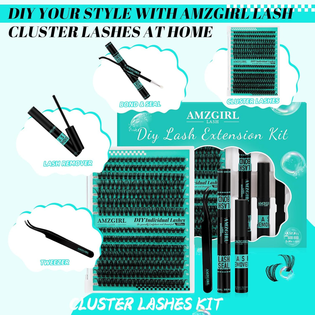Lash Extension Kit 280Pcs,60D 80D Individual Lashes Clusters Kit,Lash Bond And Seal,Lash Remover