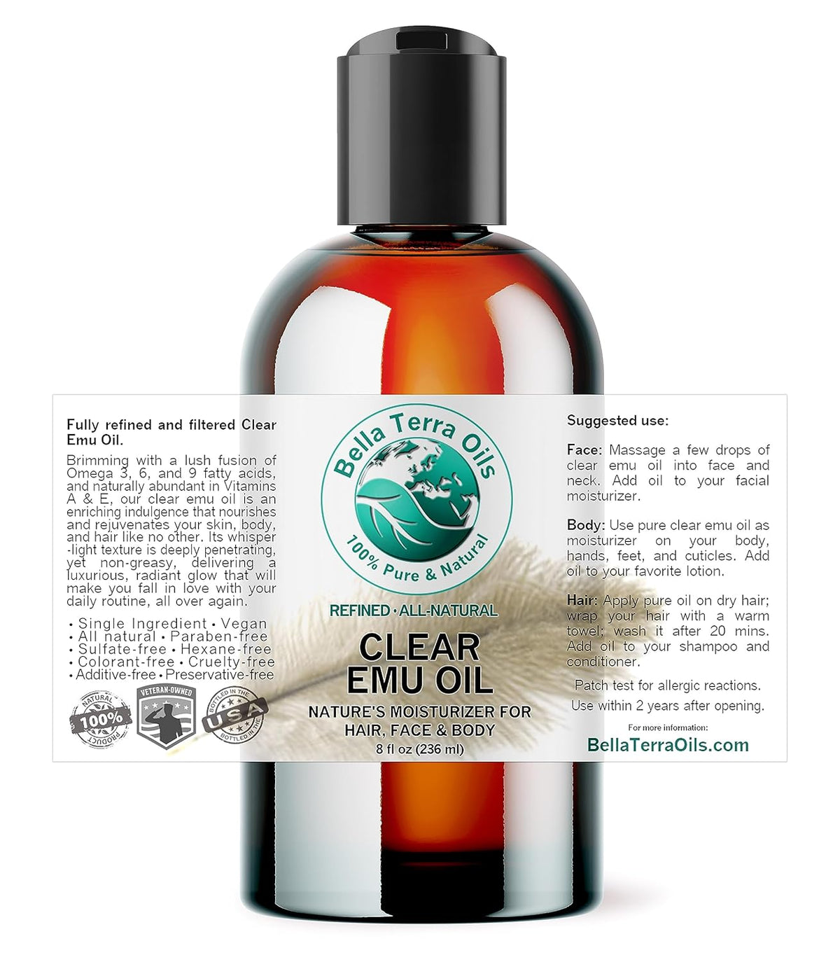 Bella Terra Oils - Clear Emu Oil 8 oz - Harnessing the Power of Pure Emu, Abundant in Natural