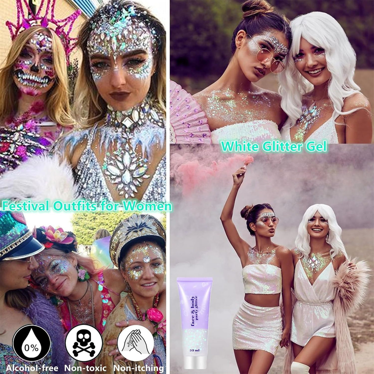 Go Ho Red and White Body Glitter Set,Singer Concerts Face Glitter Gel Makeup,Holographic Long