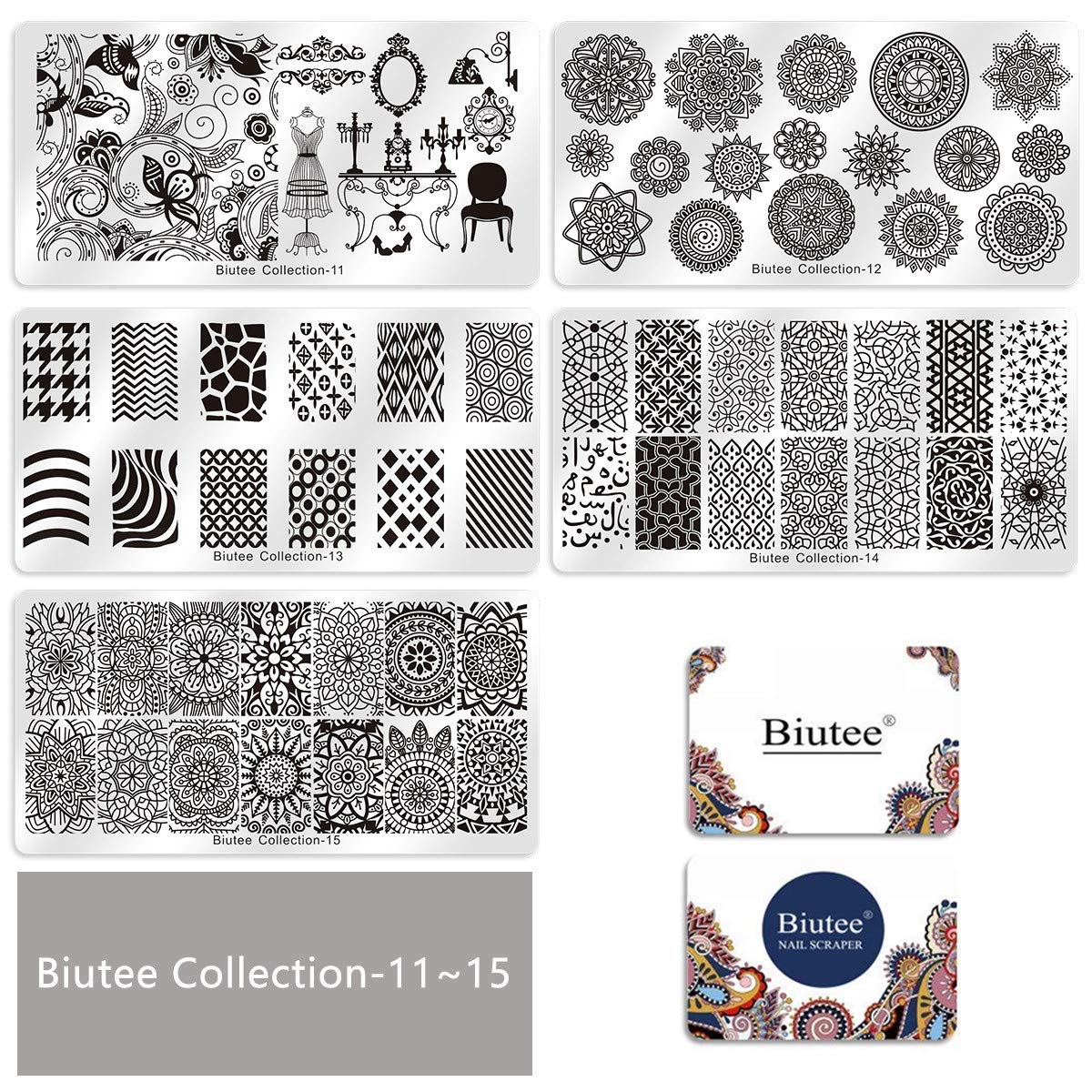 Biutee 19pcs Nail Stamp Plates set 15 plate 1Stamper 2Scraper 1storage bag Nails Art Stamping Plate