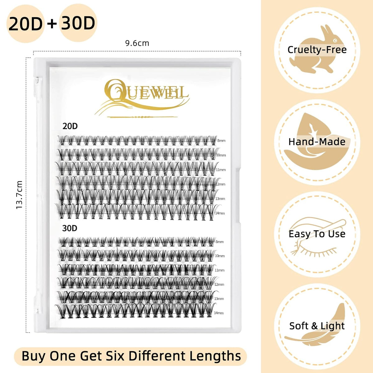 QUEWEL Cluster Lashes 240Pcs Individual Lashes 20D+30D D Curl Mix8-14mm Lash Extensions Clusters