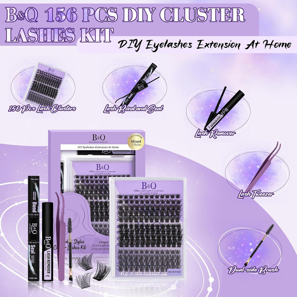 B&Qaugen Lash Clusters 156PCS Lash Clusters Kit B01+B02+B19 DIY Lash Extension Kit Eyelash