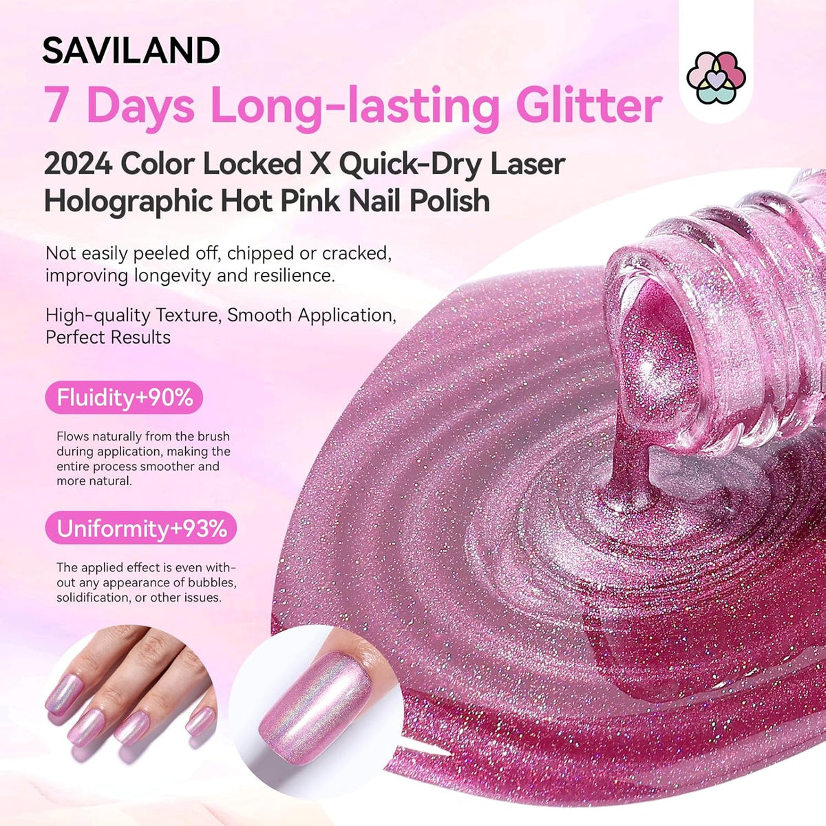 SAVILAND Holographic Nail Polish Pink: Metallic Chrome Nail Polish Air Dry Fast,10 ml/0.34 oz High