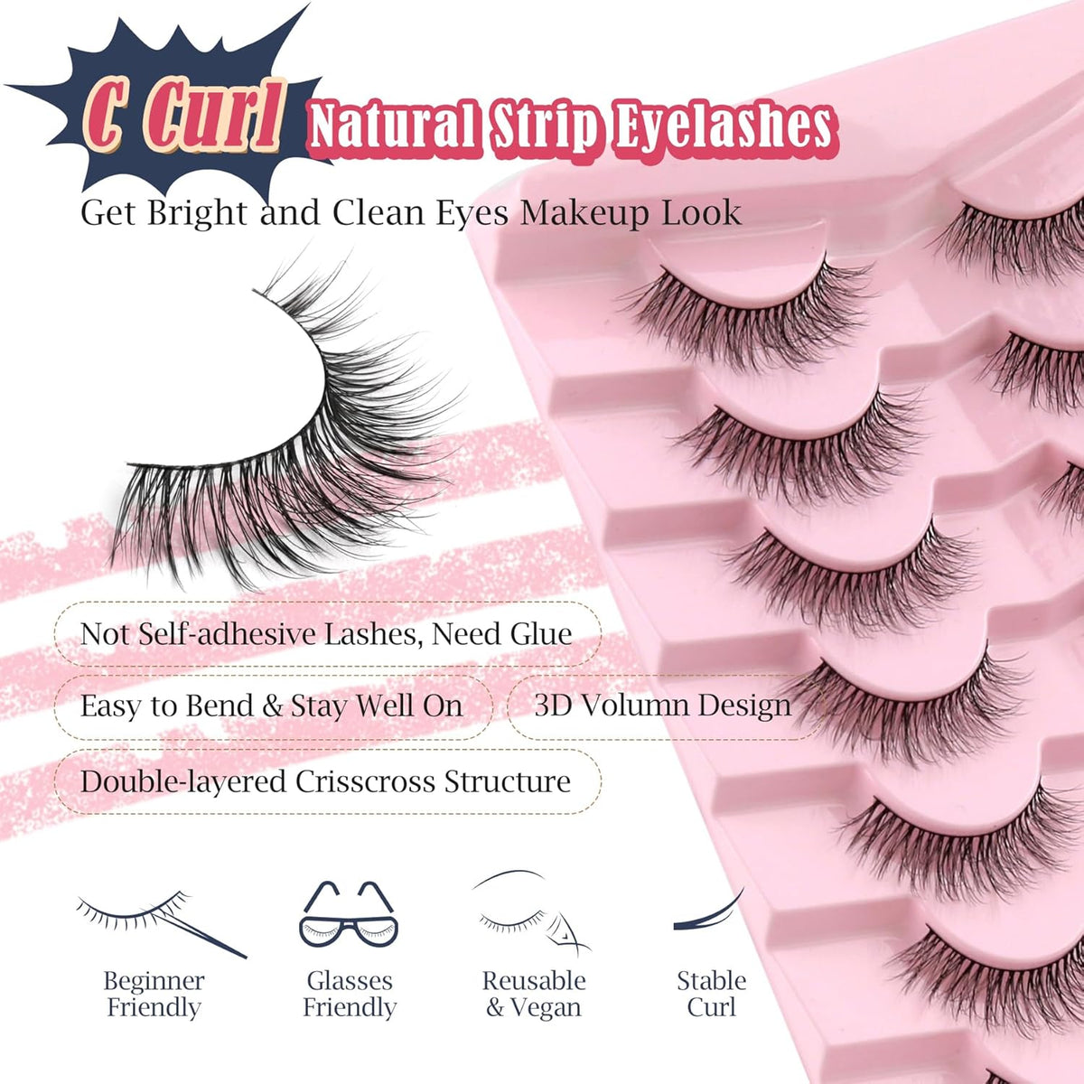 Natural Lashes Eyelashes Wispy 12mm False Lashes Soft Strip Lashes 3D Volume Eyelashes Thin Cotton