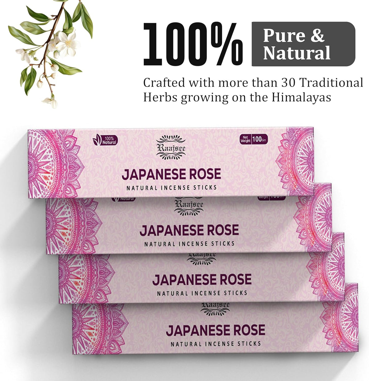 Raajsee Japanese Rose Incense Sticks (180 gm), 100% Pure Organic Natural Hand Rolled Free from