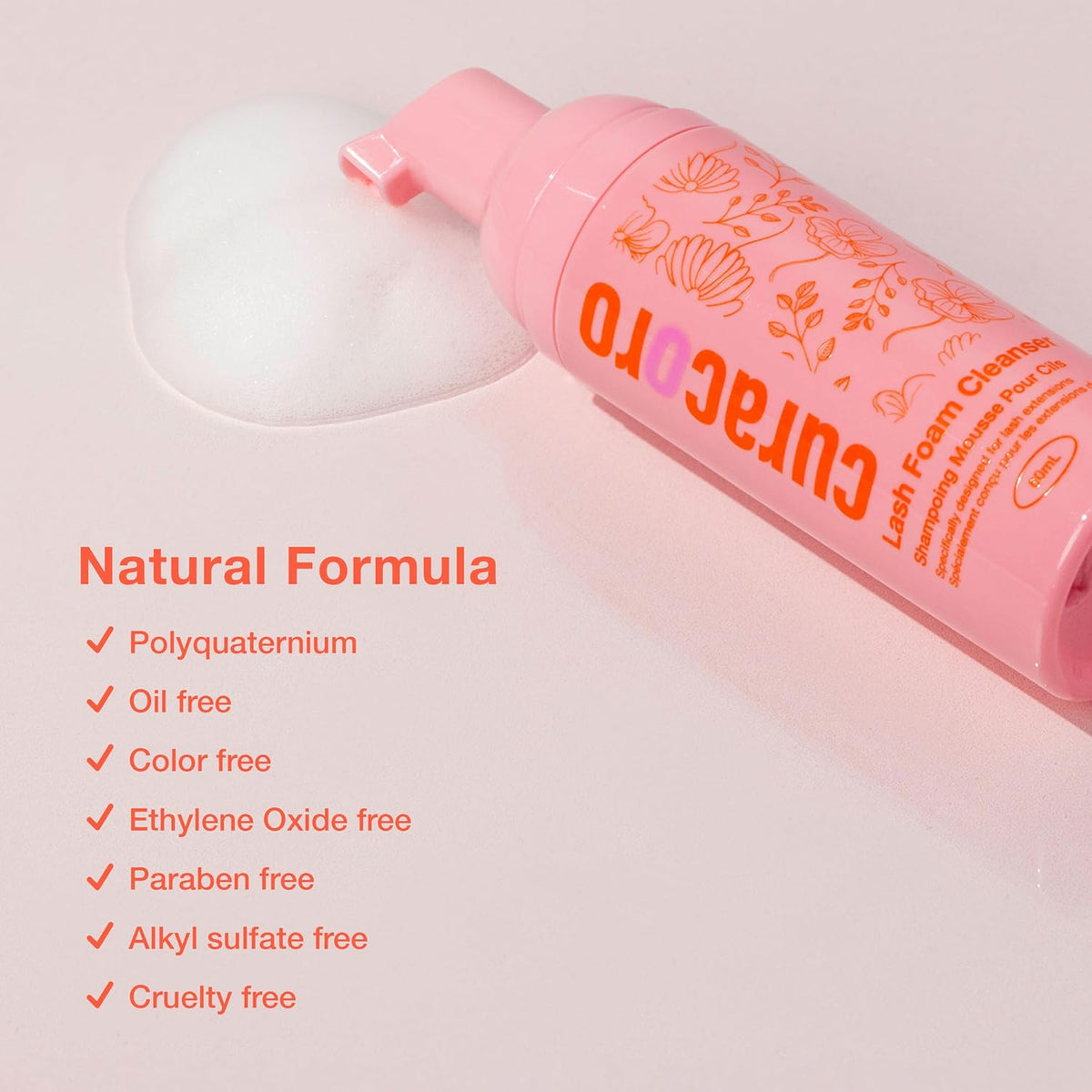 Curacoro 60ML Eyelash Extension Cleanser - Lash Shampoo for Lash Extensions, Eyelash Extension Foam
