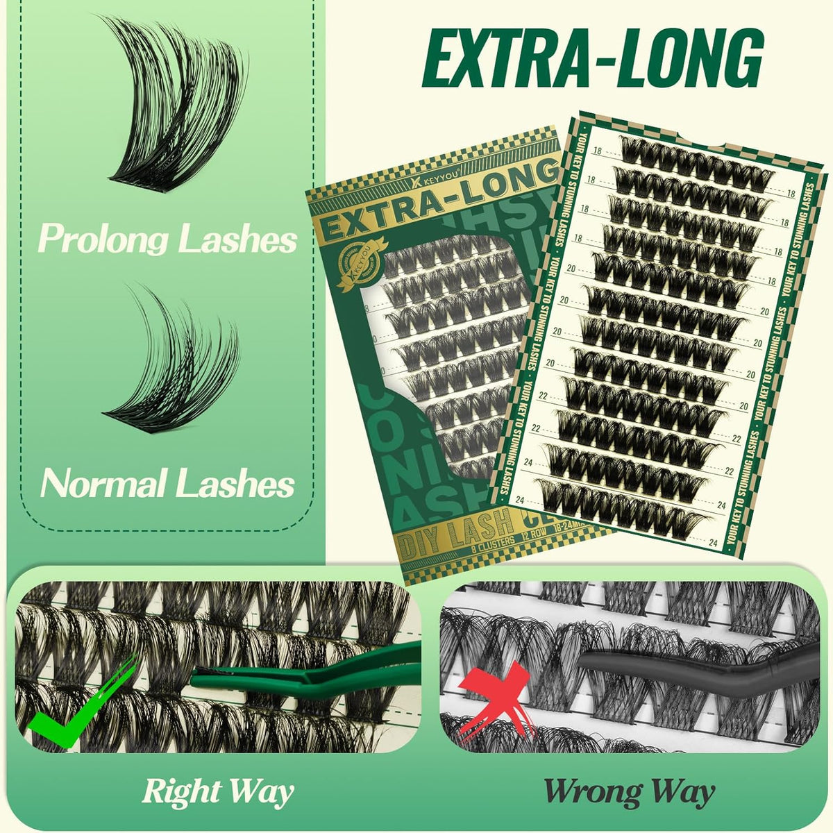 Lash Clusters 96pcs Eyelash Clusters D Curl 18-24MIX Cluster Lashes KEYYOU Volume Wispy Lash