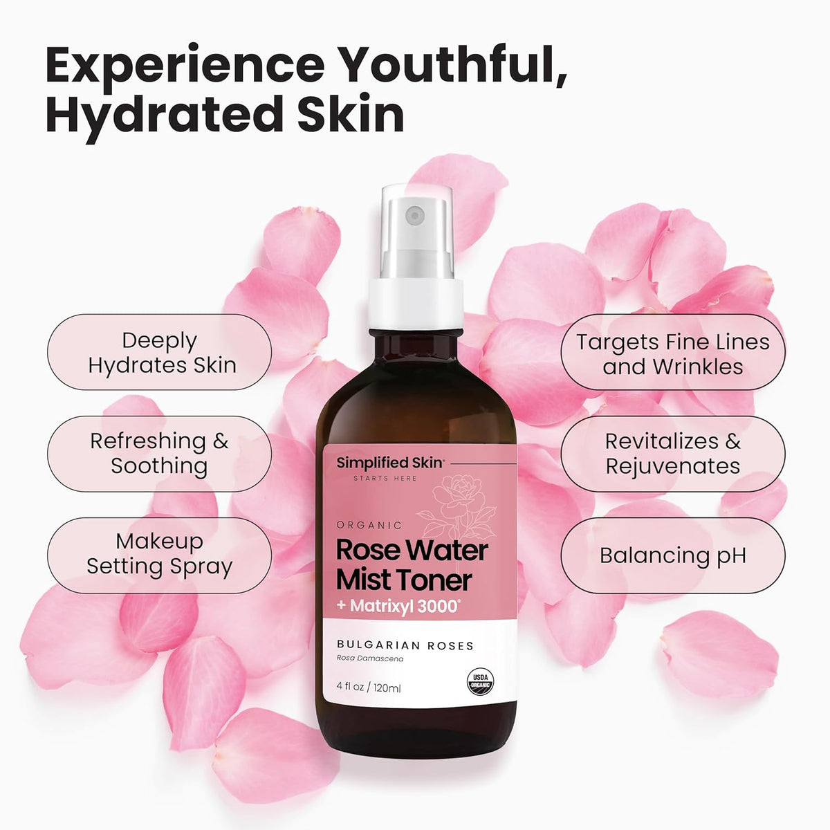 Rose Water Spray for Face with Matrixyl 3000 - Organic Rosewater Face Mist with Aloe Vera &